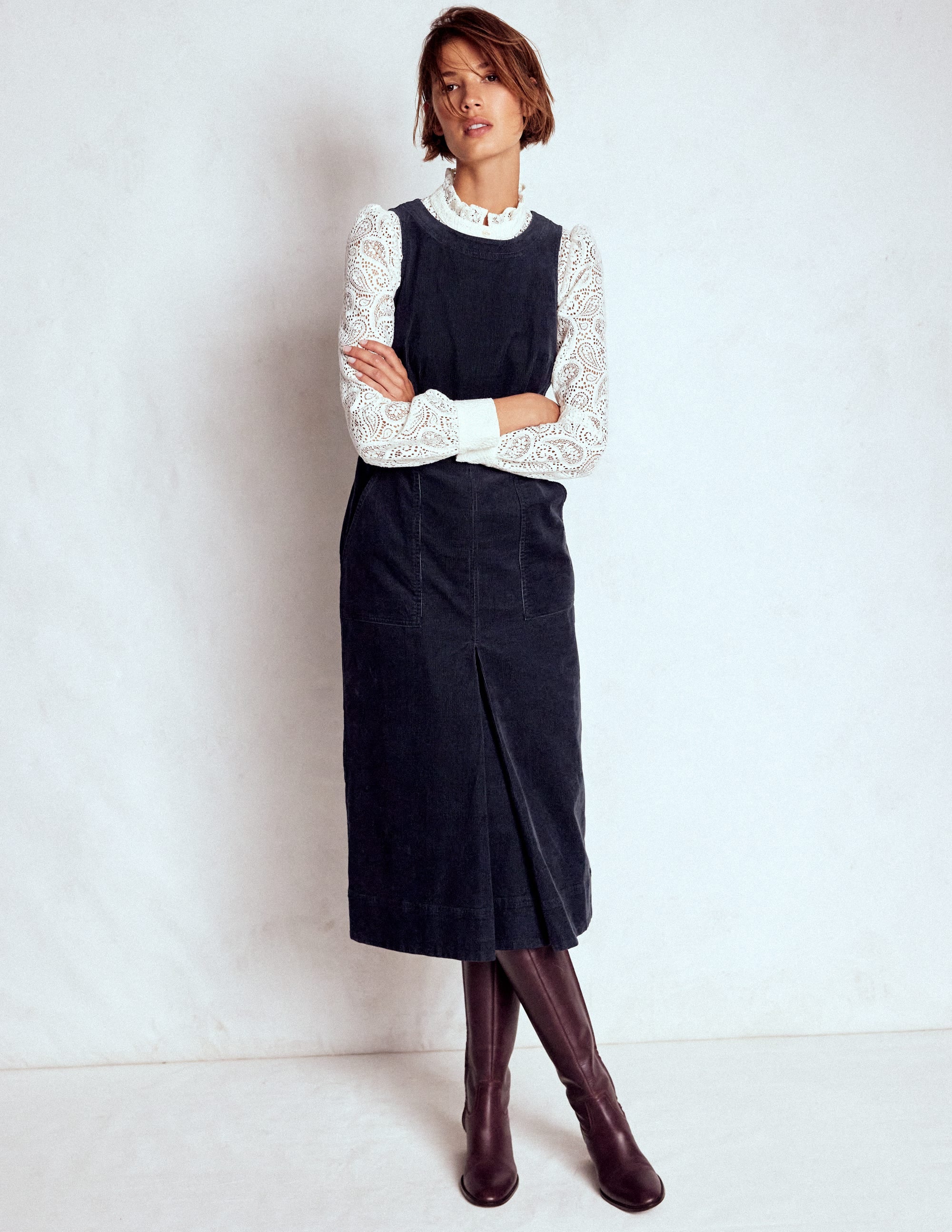 Ula Box Pleat Cord Midi Dress-Midnight Blue - Image 1
