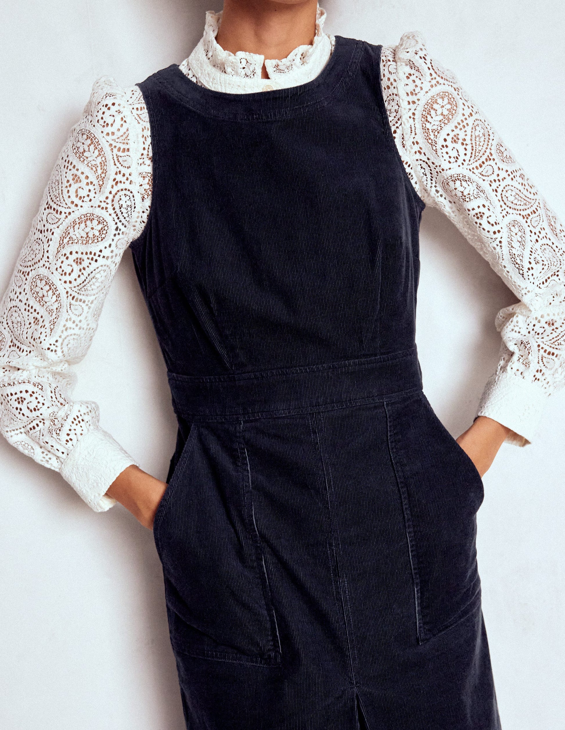 box pleat midi dress Inverted Box Pleat Dress #106-17 X-Small / White with Black Embroidery
