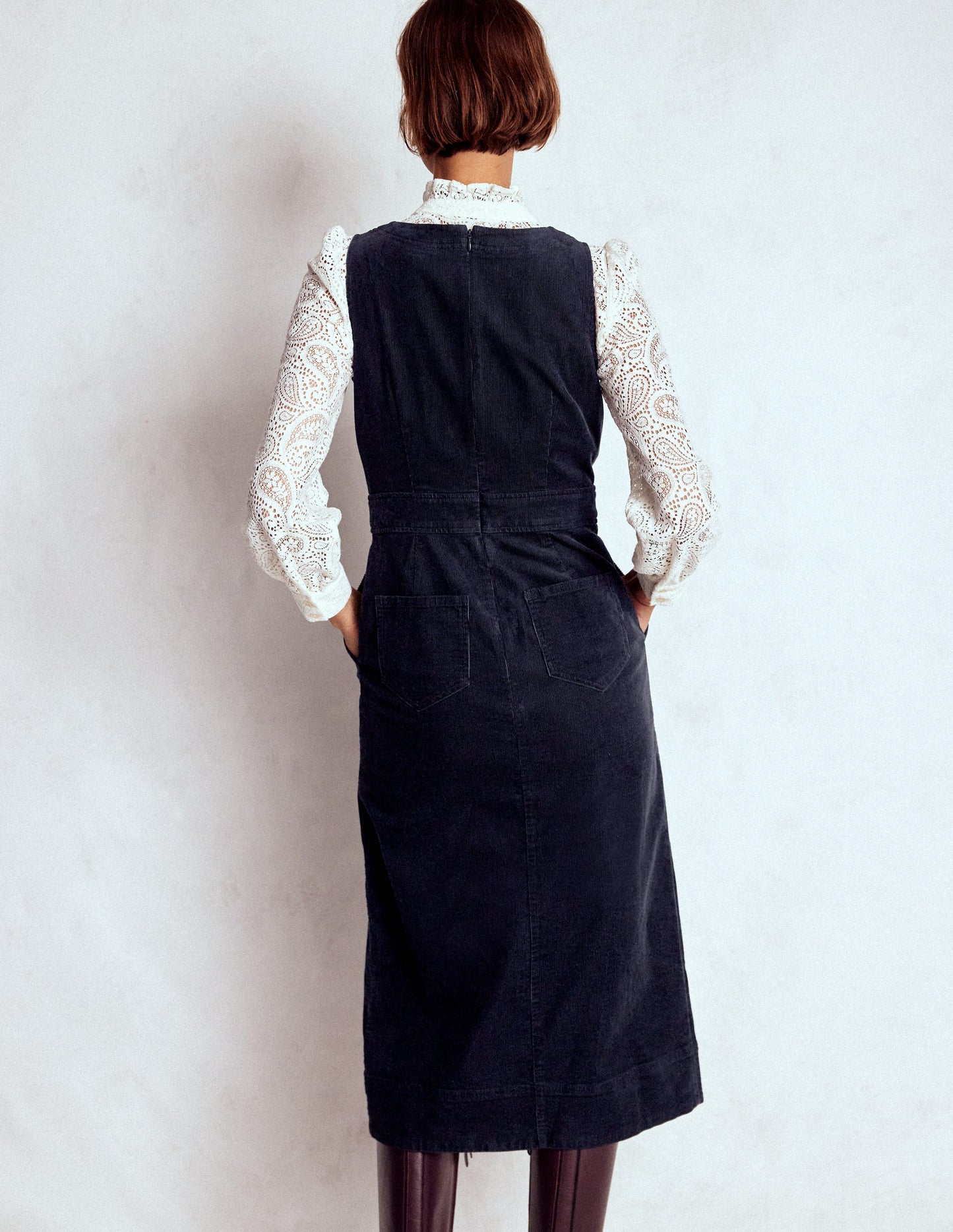 Ula Box Pleat Cord Midi Dress-Midnight Blue