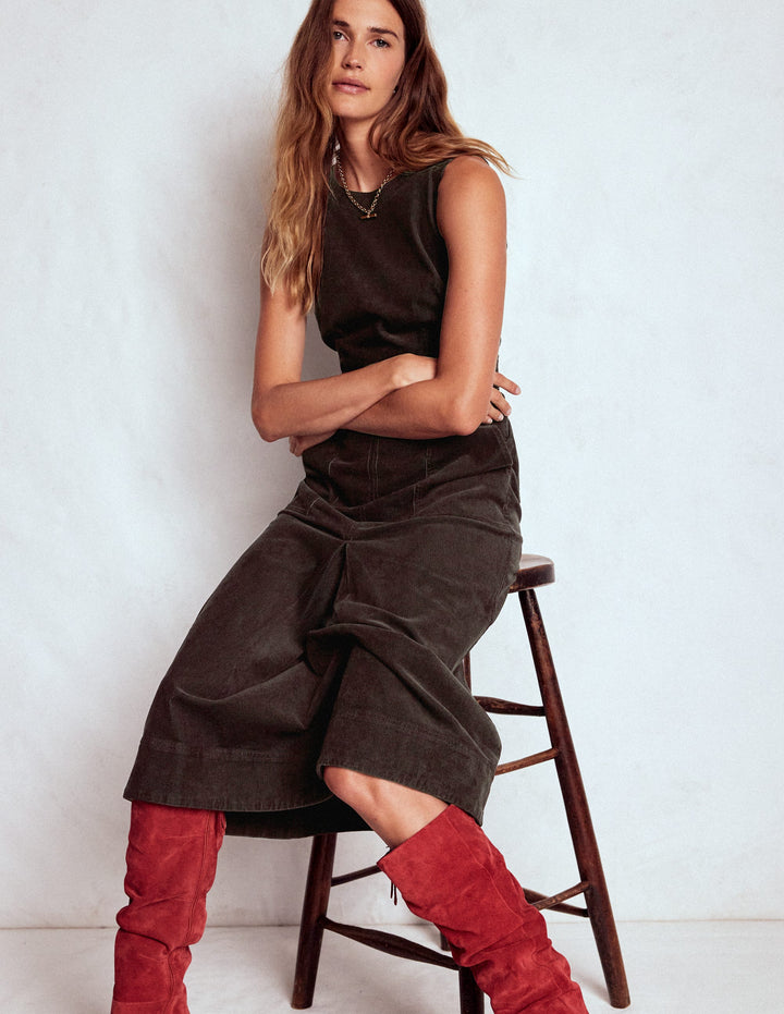 Ula Box Pleat Cord Midi Dress-Espresso