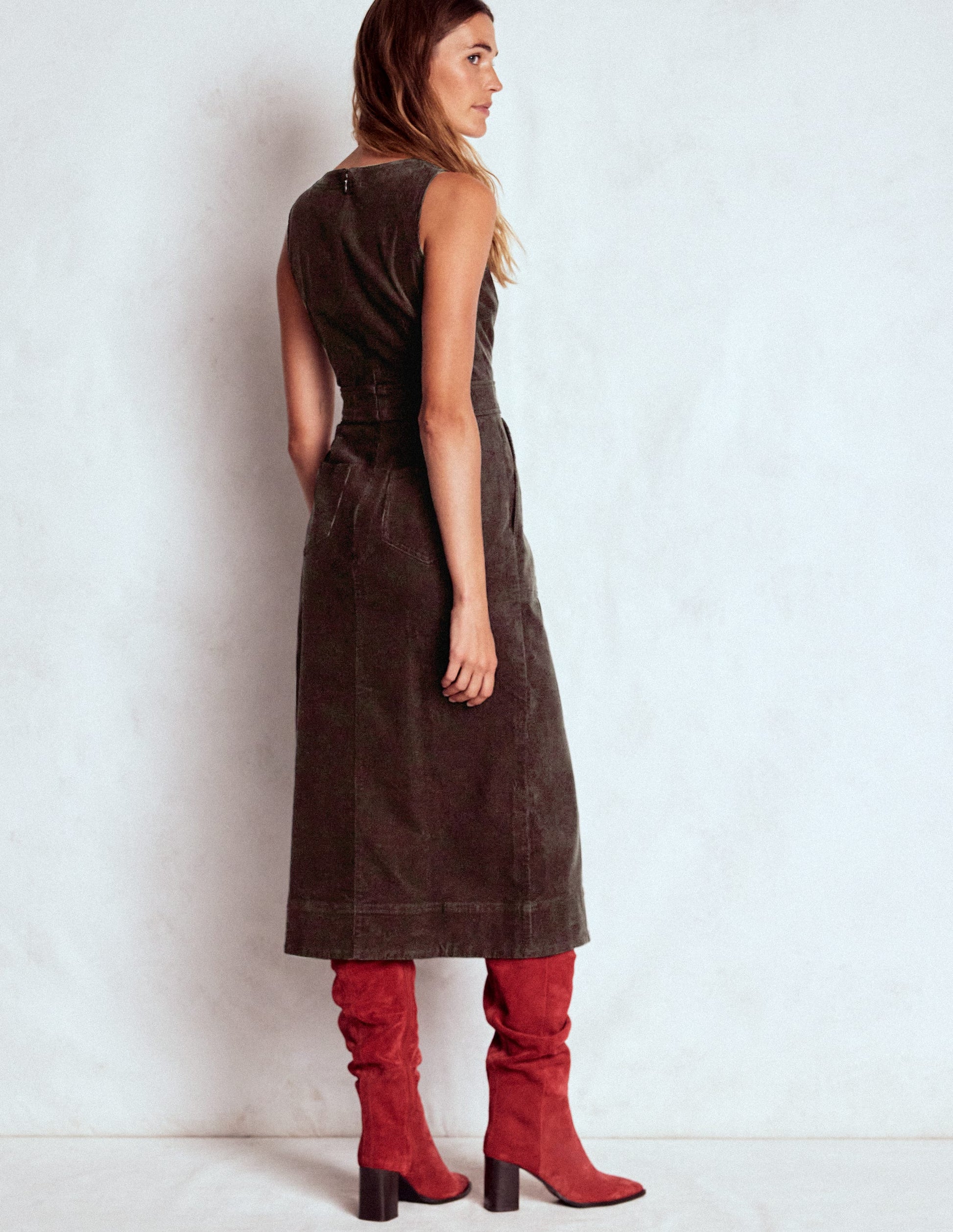 Ula Box Pleat Cord Midi Dress-Espresso-3