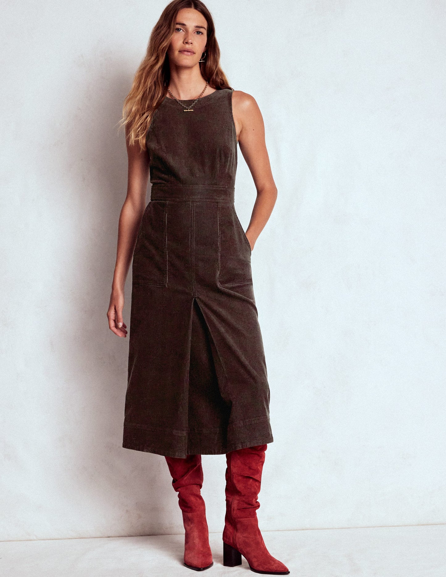 Ula Box Pleat Cord Midi Dress-Espresso