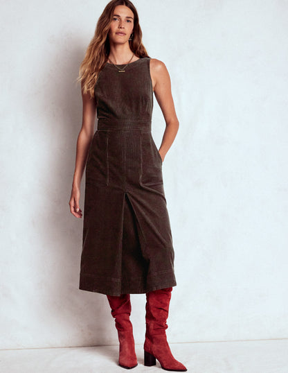 Ula Box Pleat Cord Midi Dress-Espresso-4