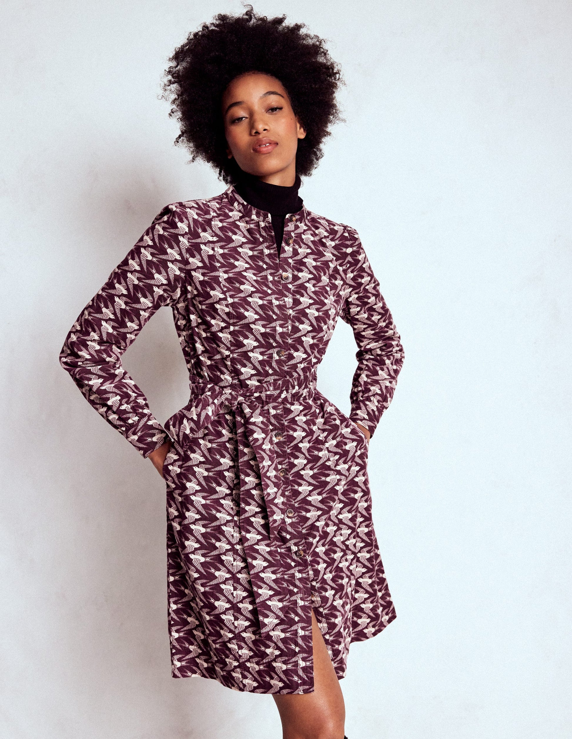 Bre Cord Short Dress-Dark Cherry, Swooping Swallow-1