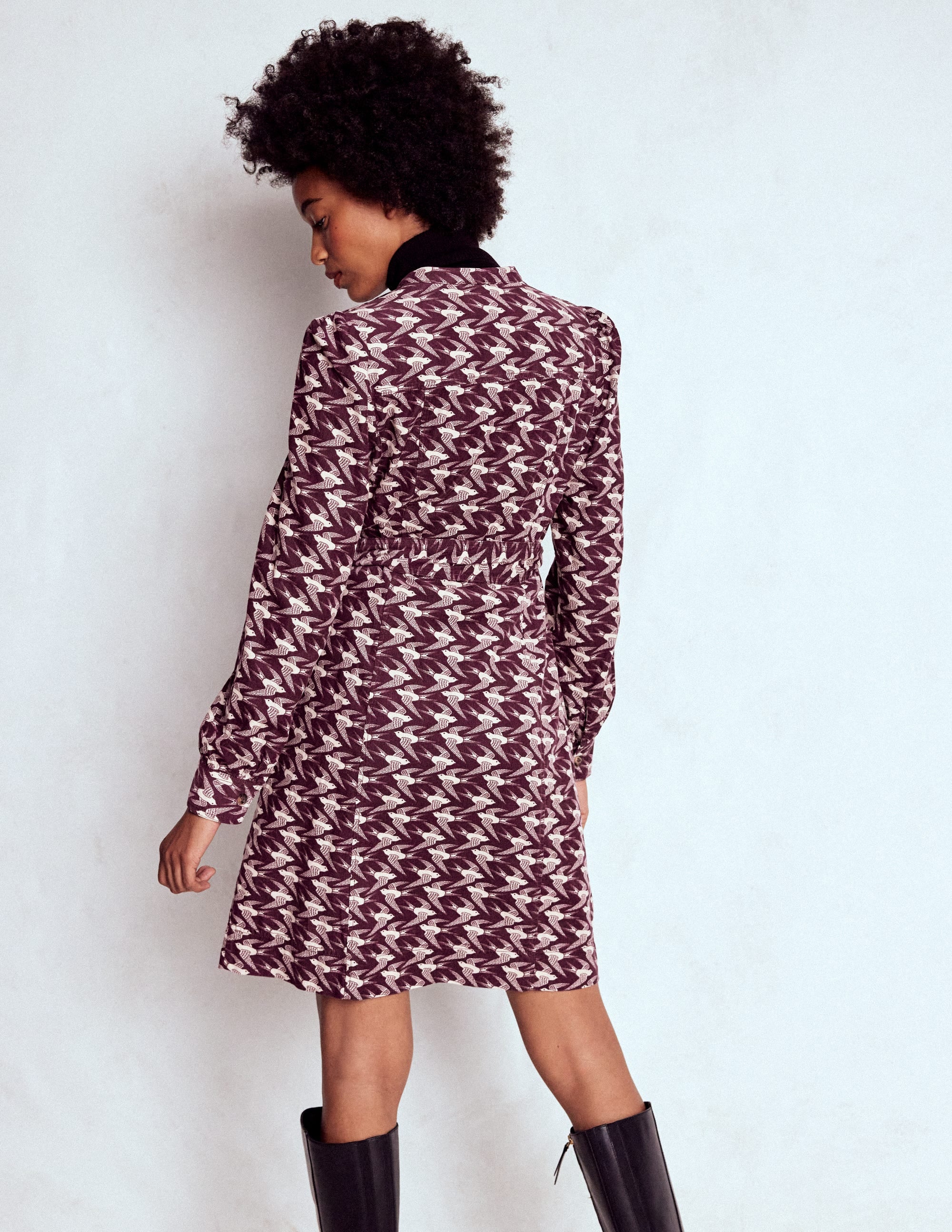 Bre Cord Short Dress-Dark Cherry, Swooping Swallow - Image 3