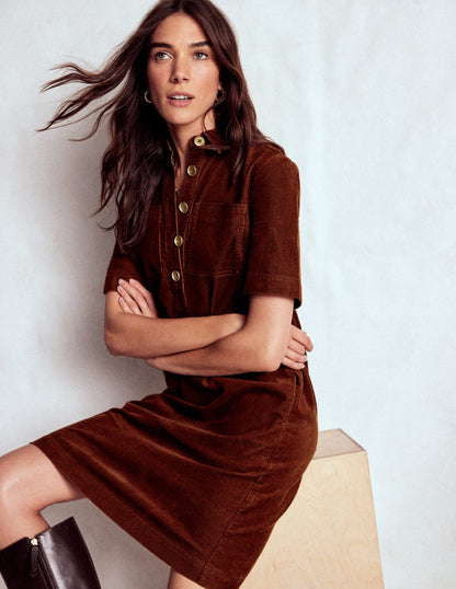 Zia Cord Pocket Shirt Dress-Copper Brown-1