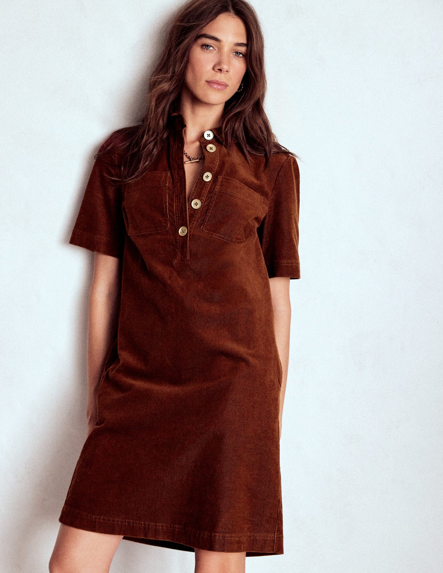 Zia Cord Pocket Shirt Dress-Copper Brown