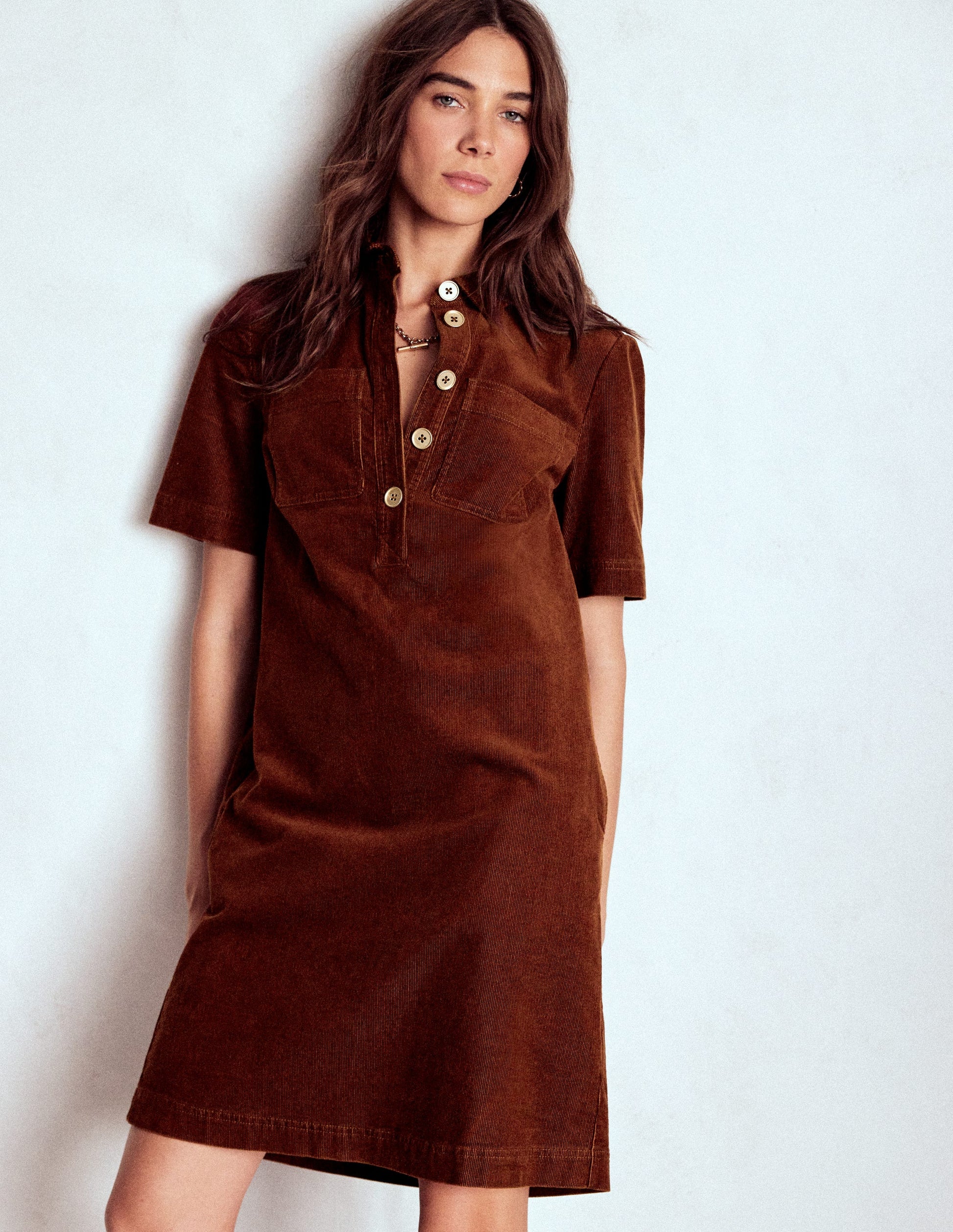 Zia Cord Pocket Shirt Dress-Copper Brown-4