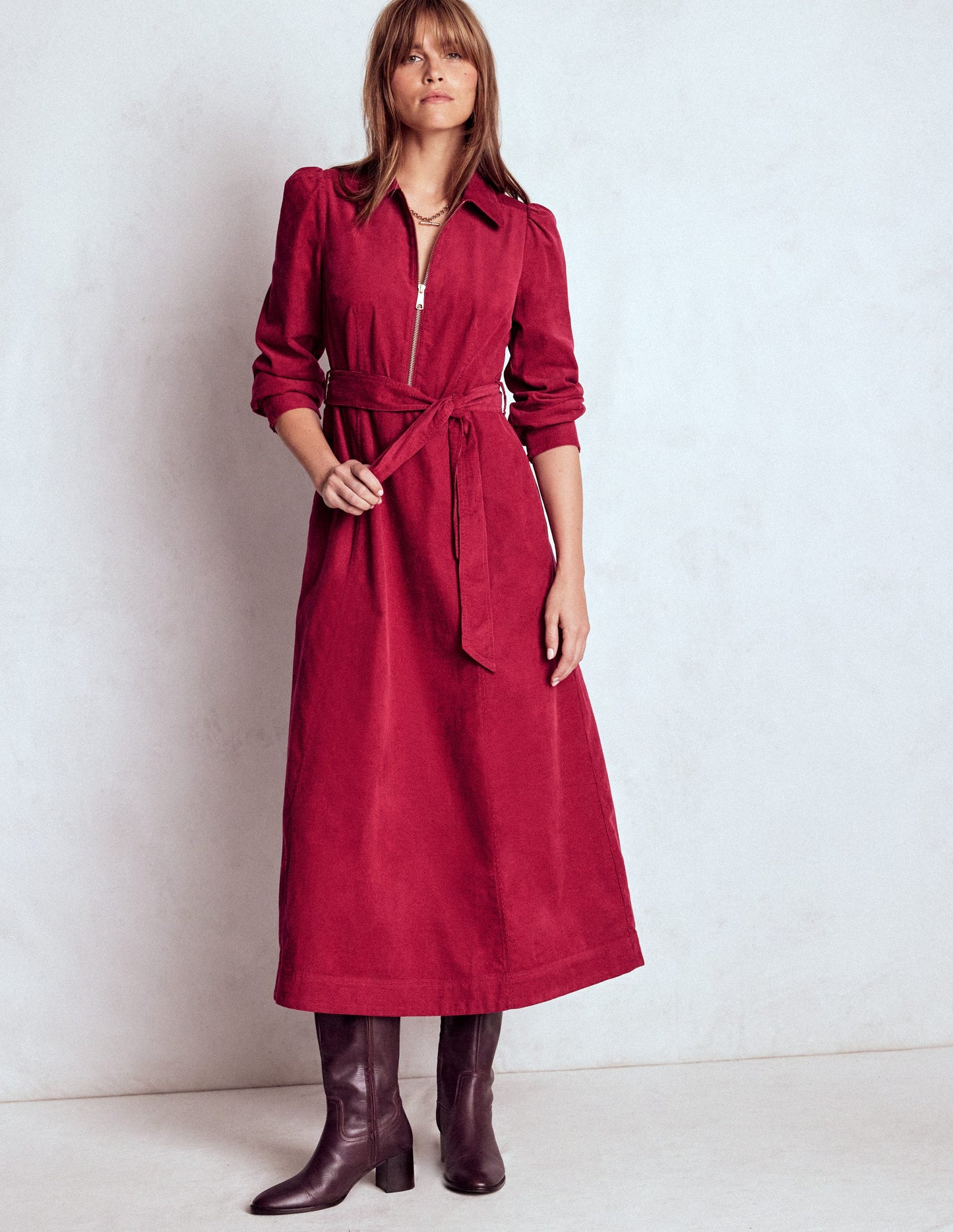 Adelaide Zip Cord Midi Dress-Burgundy Red