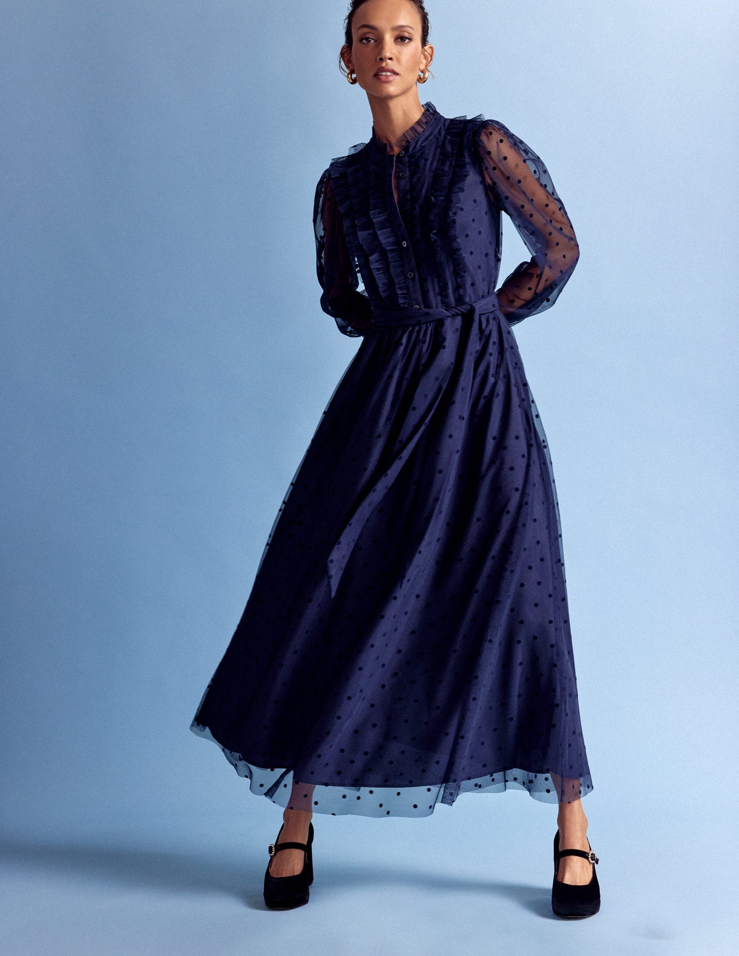 Tulle Ruffle Maxi Dress-Navy