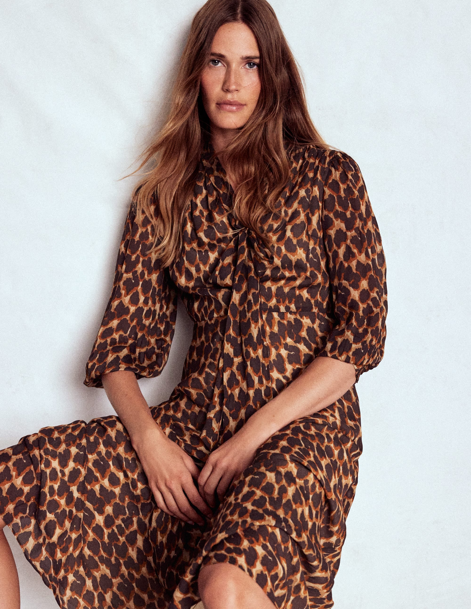Brooke Tie Neck Tea Dress-Sand, Abstract Leopard Spot - Image 1