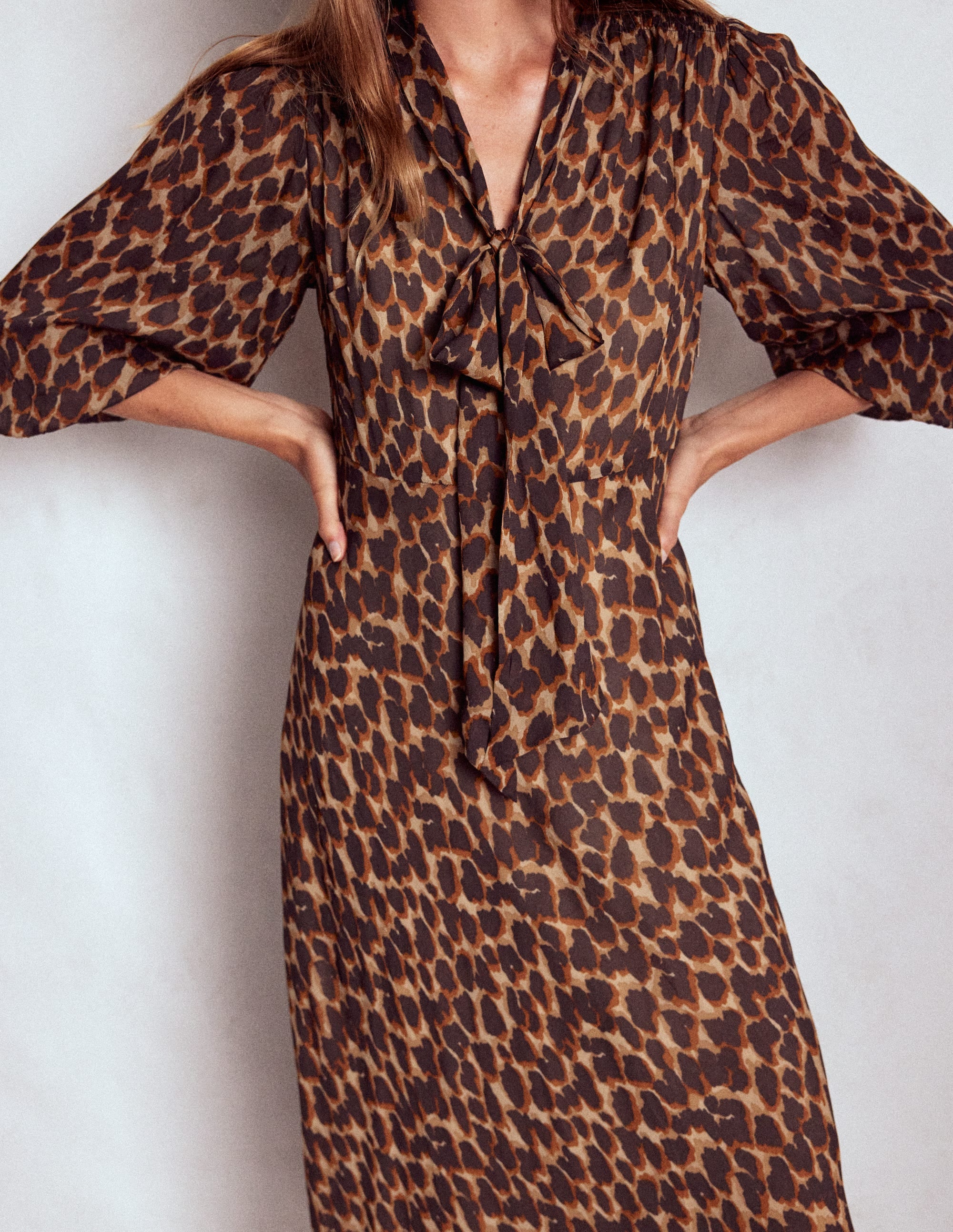 Brooke Tie Neck Tea Dress-Sand, Abstract Leopard Spot - Image 2