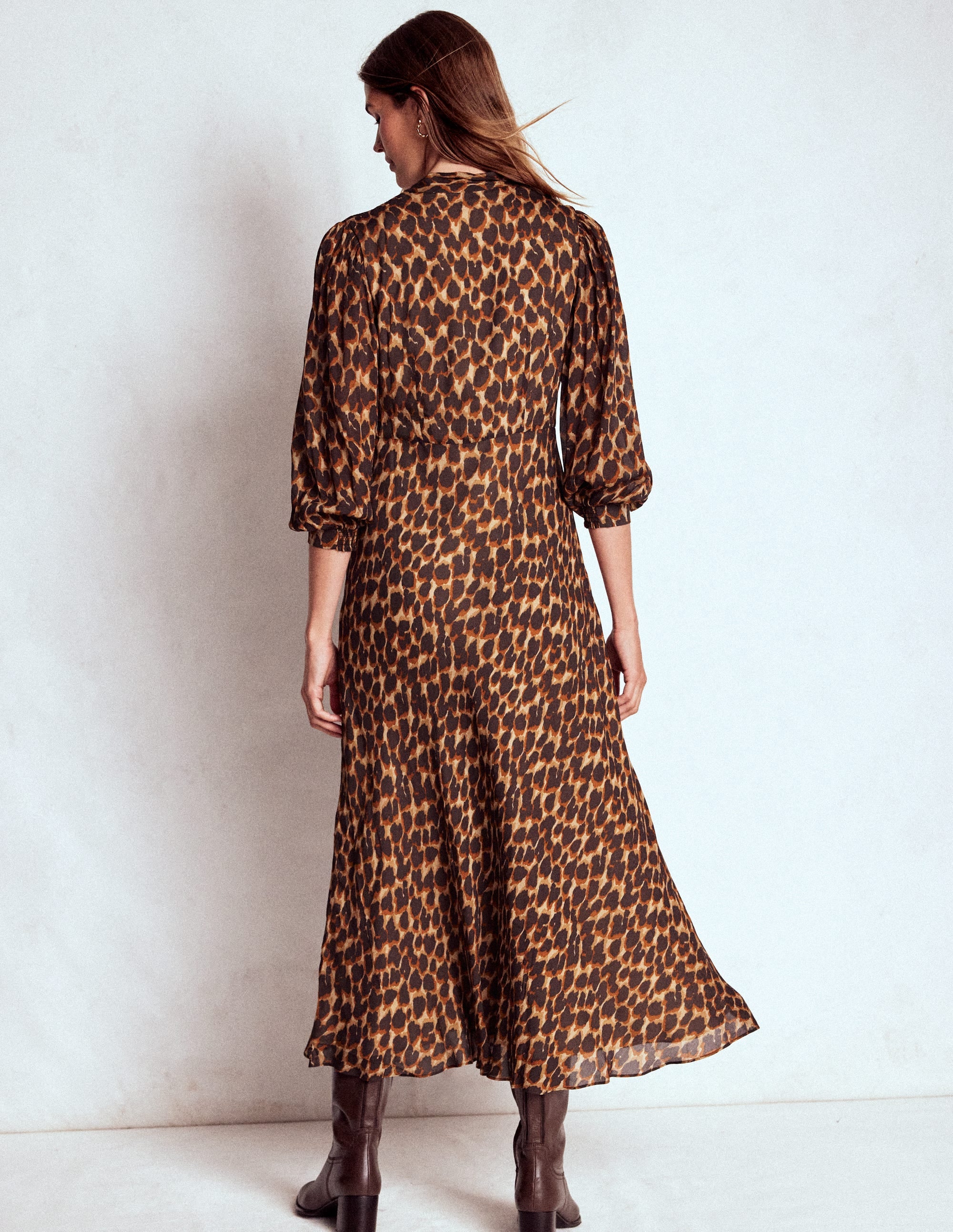 Brooke Tie Neck Tea Dress-Sand, Abstract Leopard Spot - Image 3