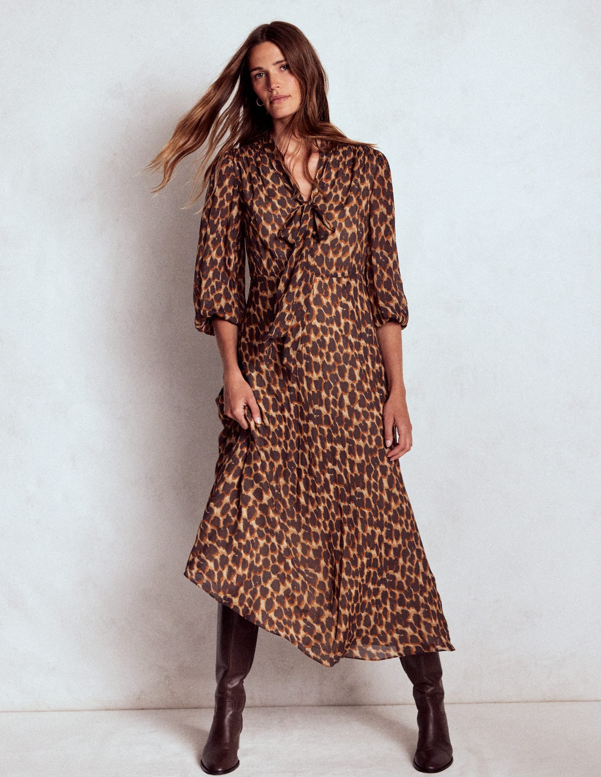 Brooke Tie Neck Tea Dress-Sand, Abstract Leopard Spot - Image 4