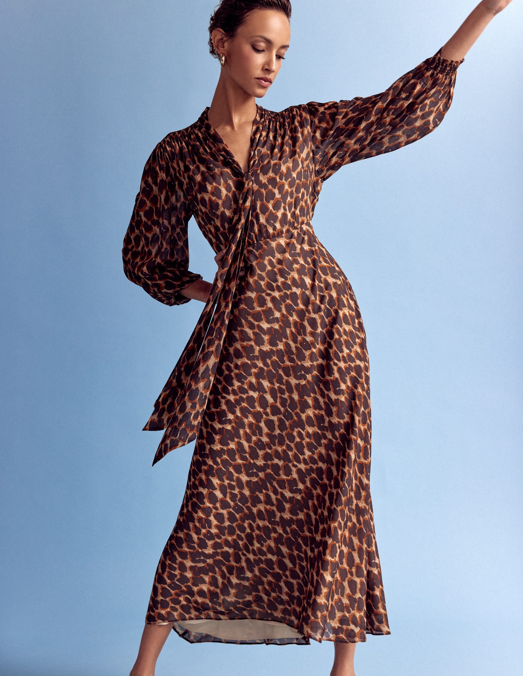 Brooke Tie Neck Tea Dress-Sand, Abstract Leopard Spot - Image 5