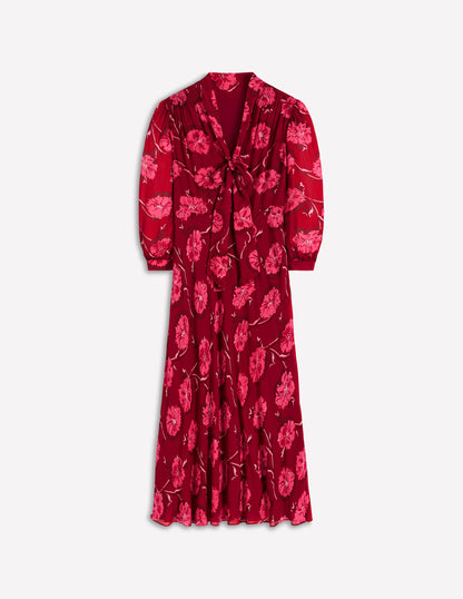 Brooke Tie Neck Tea Dress-Cranberry Red, Delicate Vine-6