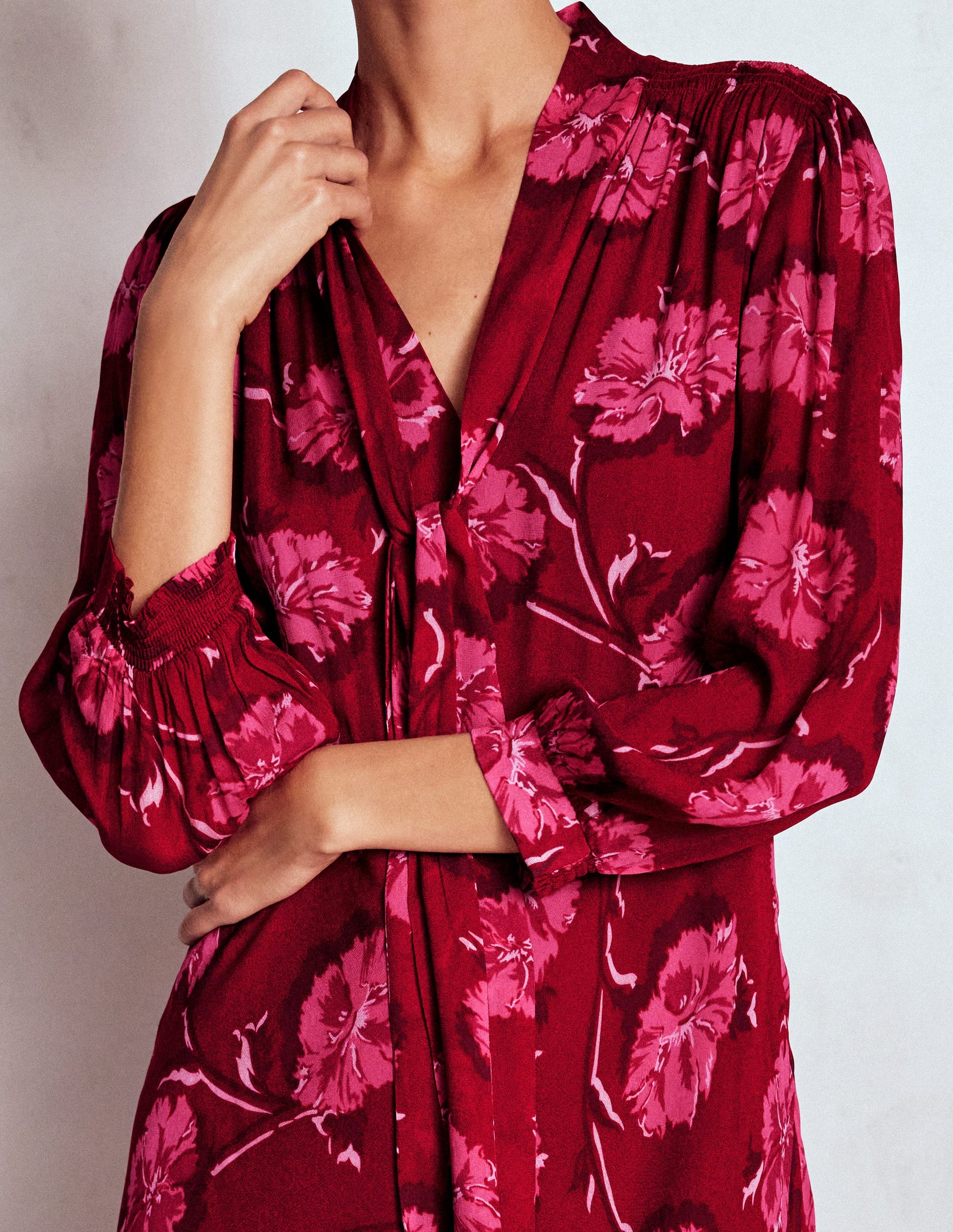 Brooke Tie Neck Tea Dress-Cranberry Red, Delicate Vine-2