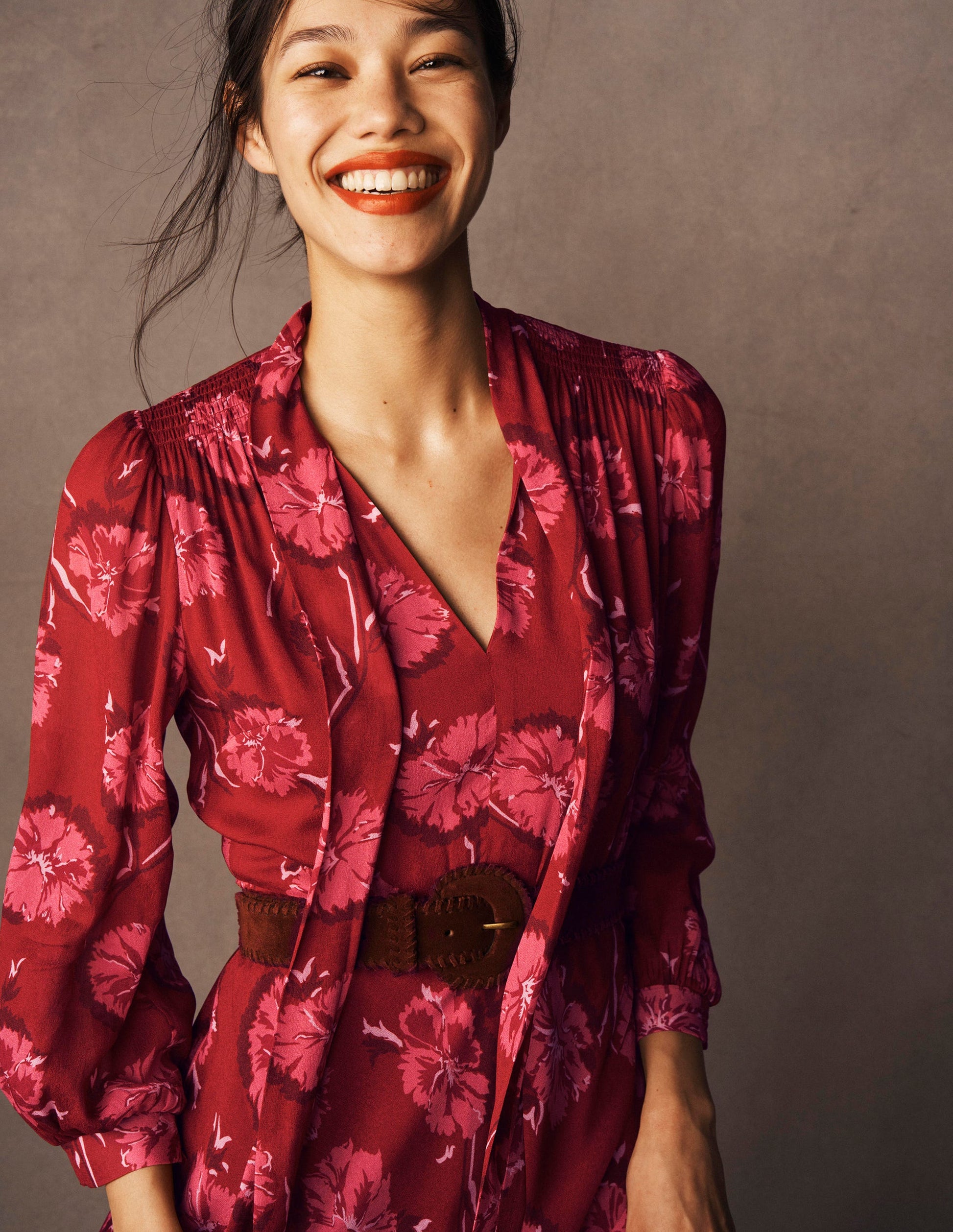 Brooke Tie Neck Tea Dress-Cranberry Red, Delicate Vine-5