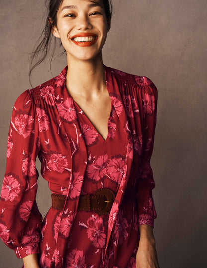 Brooke Tie Neck Tea Dress-Cranberry Red, Delicate Vine-5