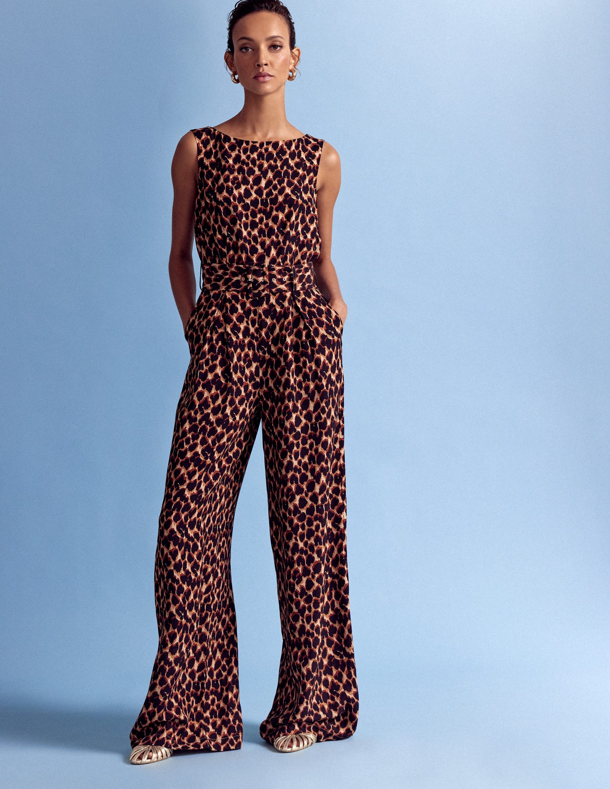 Gwen Slash Neck Jumpsuit-Sand, Abstract Leopard Spot-5