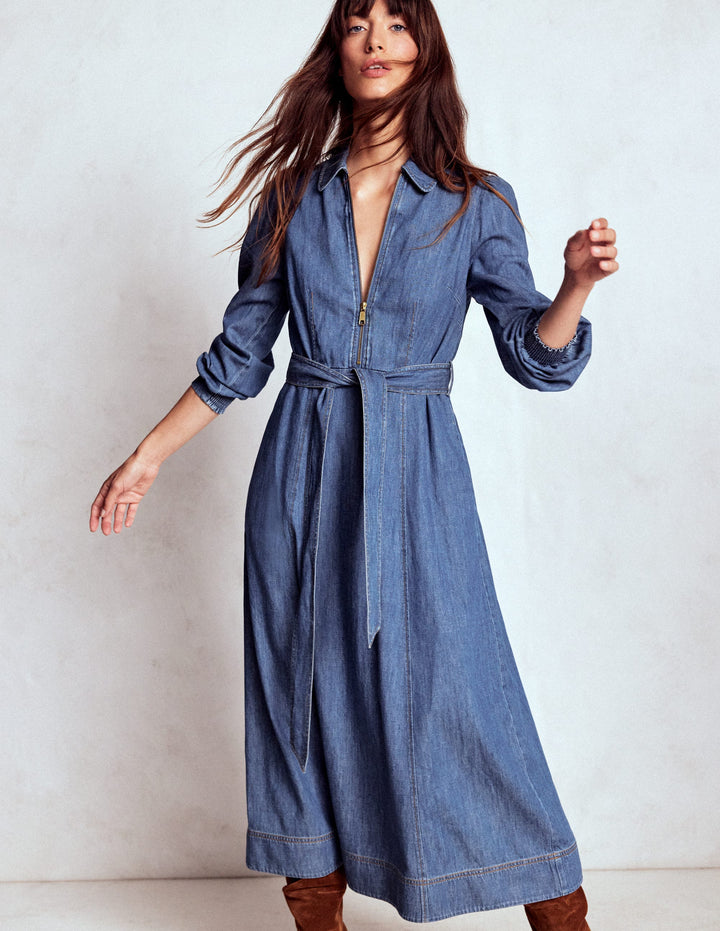 Adelaide Zip Denim Midi Dress-Mid Vintage Denim