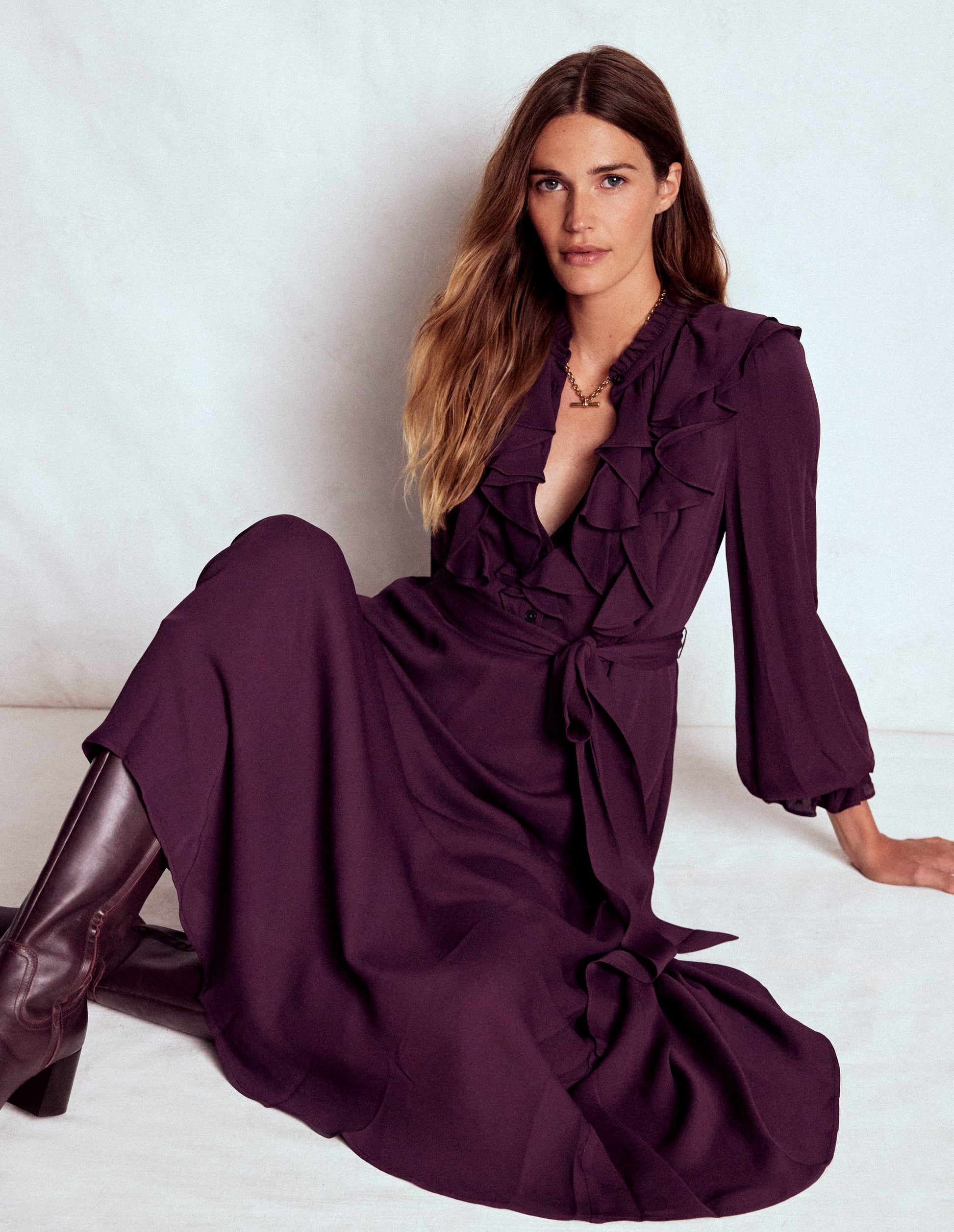 Ruffle Front Shirt Dress-Dark Cherry Ruffle Front Shirt Dress-Dark Cherry