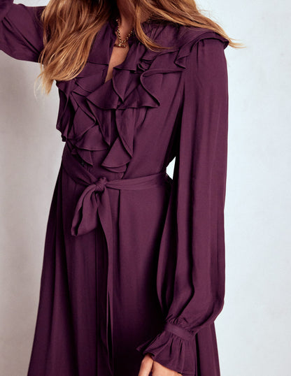 Ruffle Front Shirt Dress-Dark Cherry-2