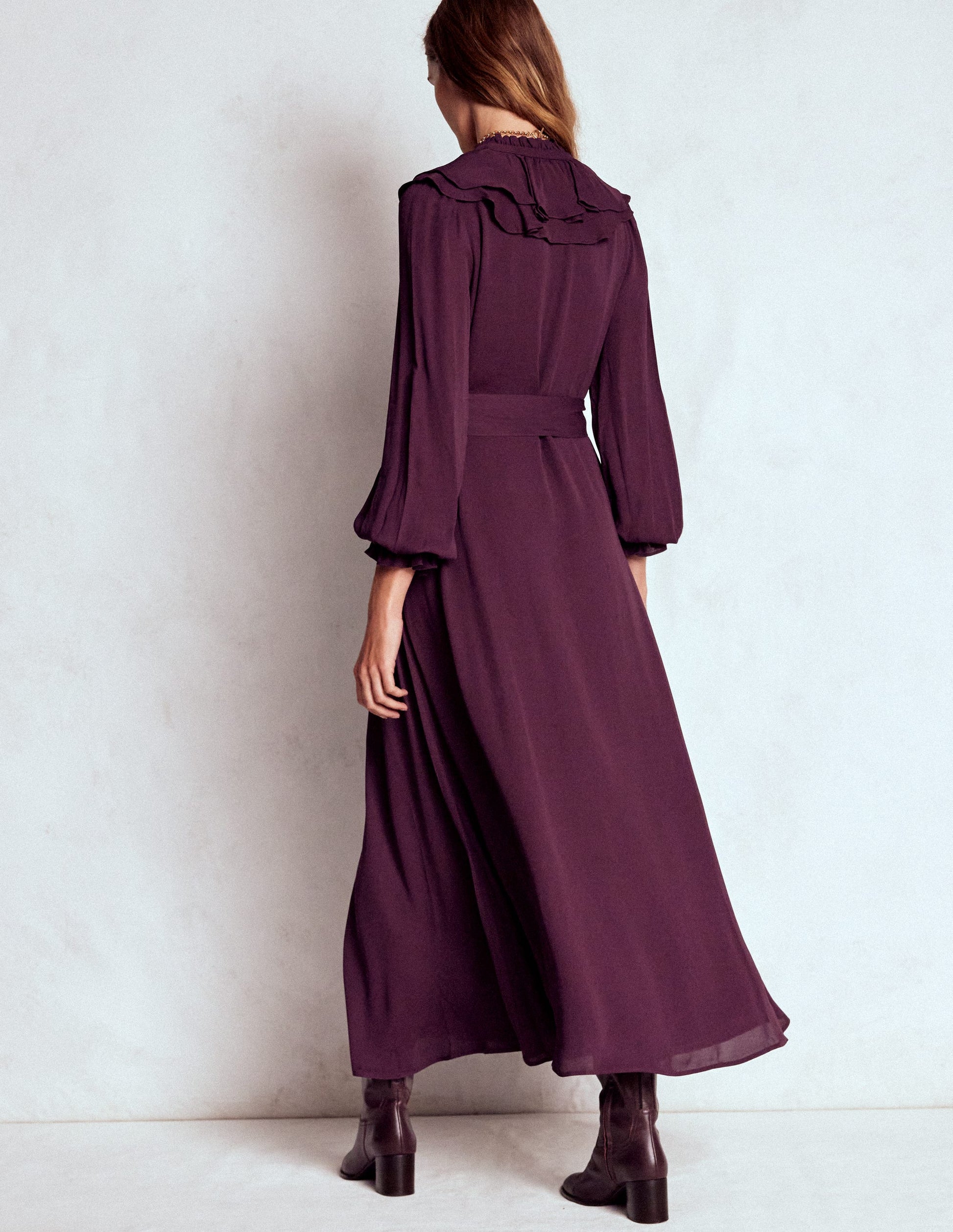 Ruffle Front Shirt Dress-Dark Cherry Ruffle Front Shirt Dress-Dark Cherry
