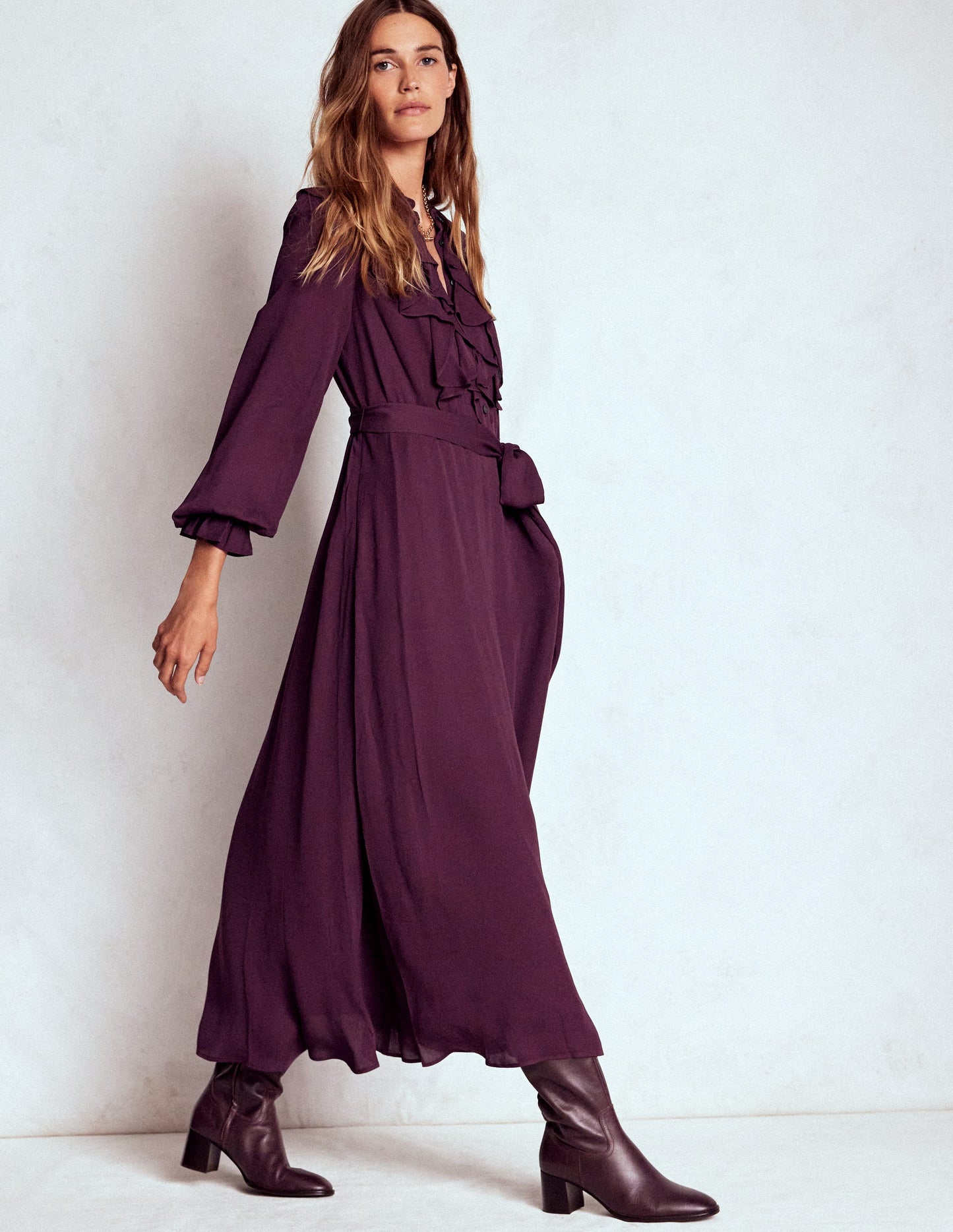 Ruffle Front Shirt Dress-Dark Cherry