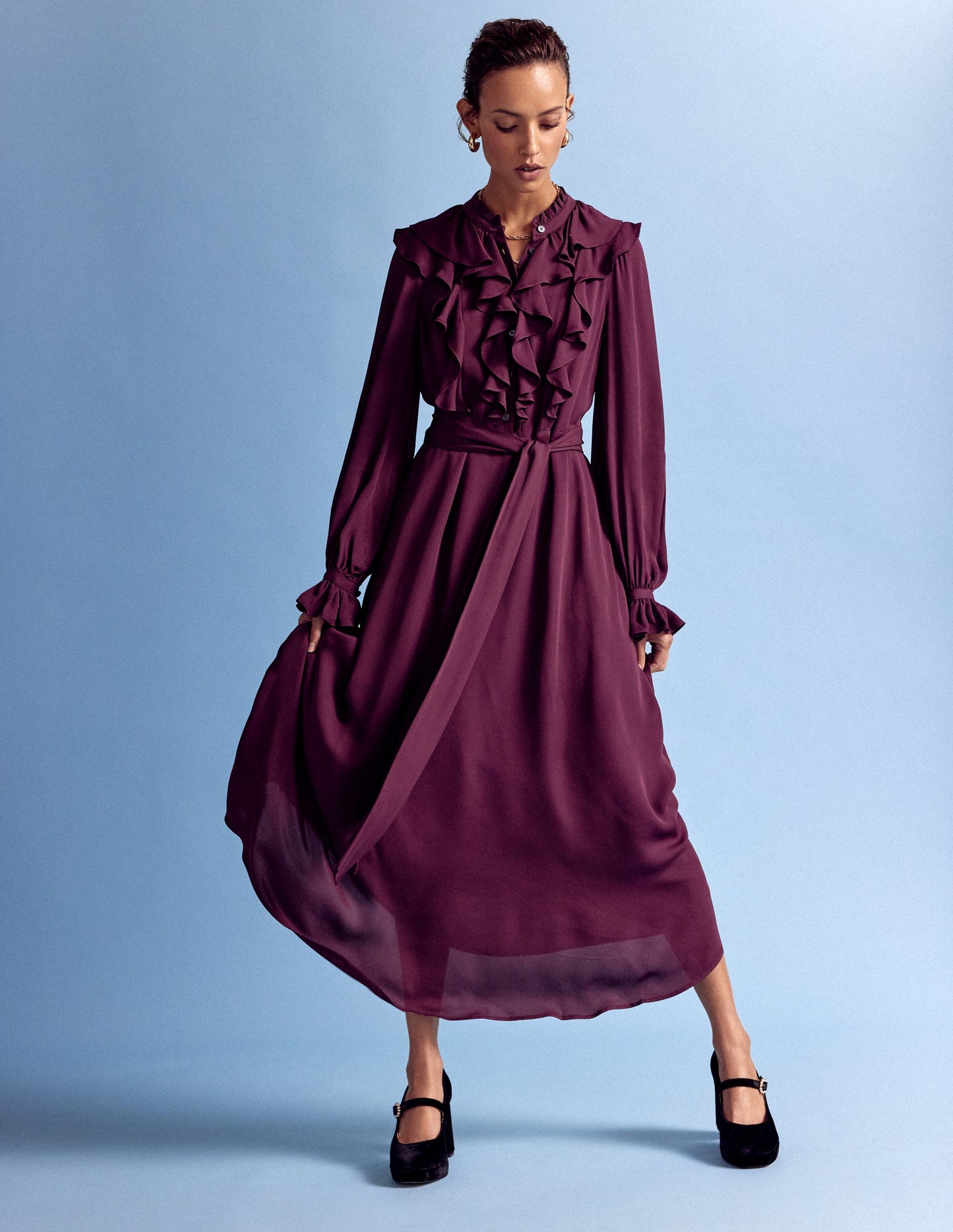 Ruffle Front Shirt Dress-Dark Cherry