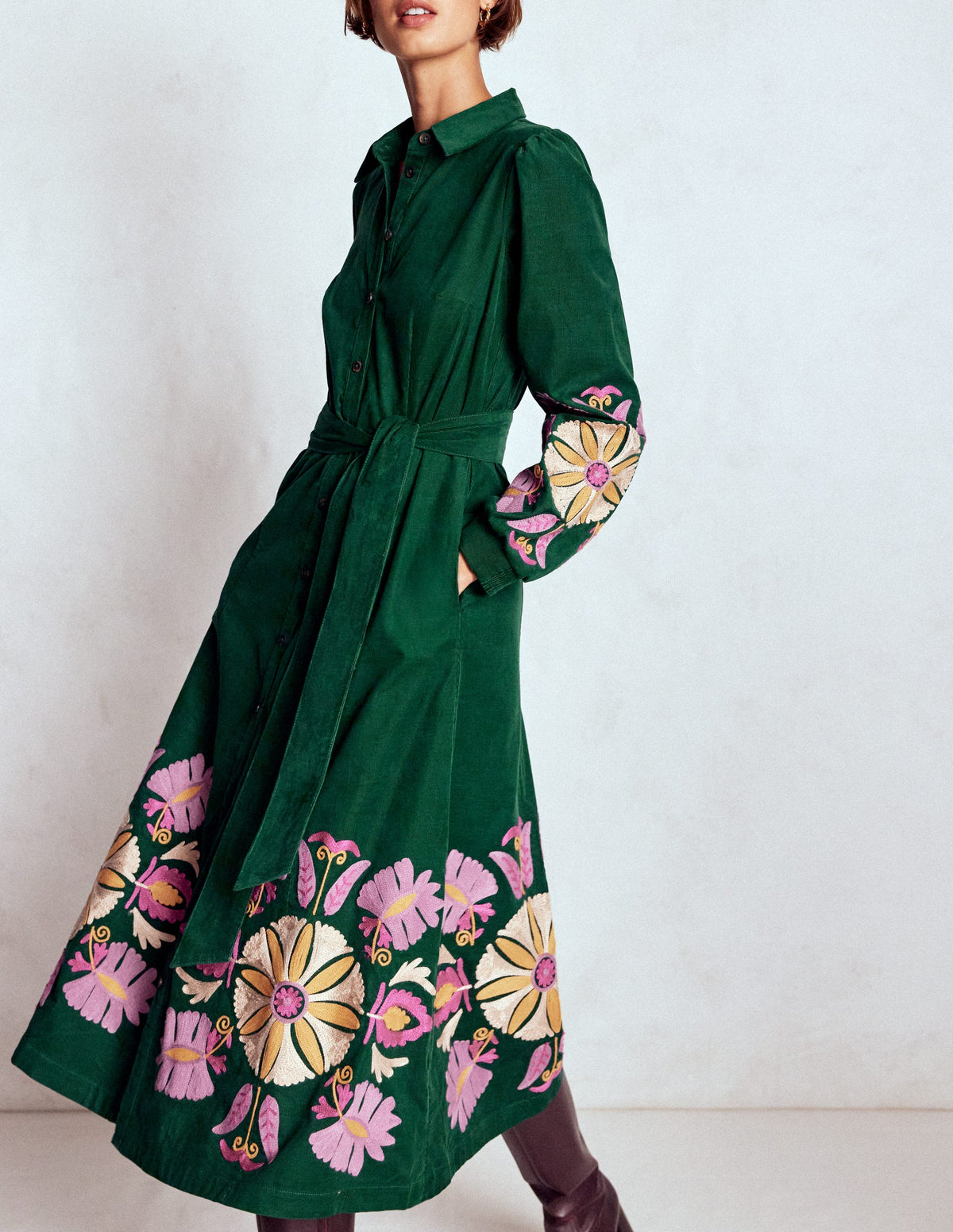 Clara Cord Midi Dress-Emerald Night, Embroidery - Image 2