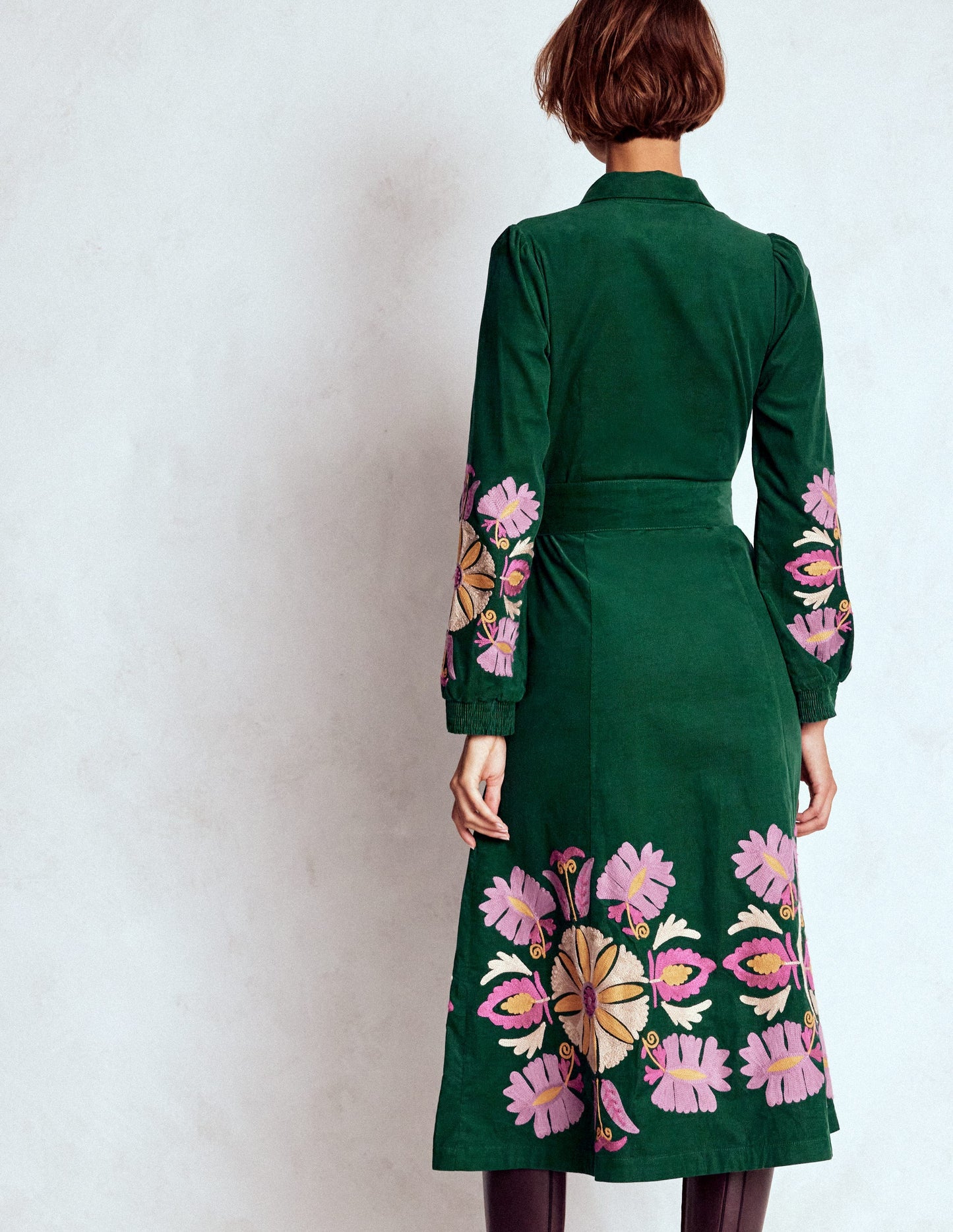 Clara Cord Midi Dress-Emerald Night, Embroidery