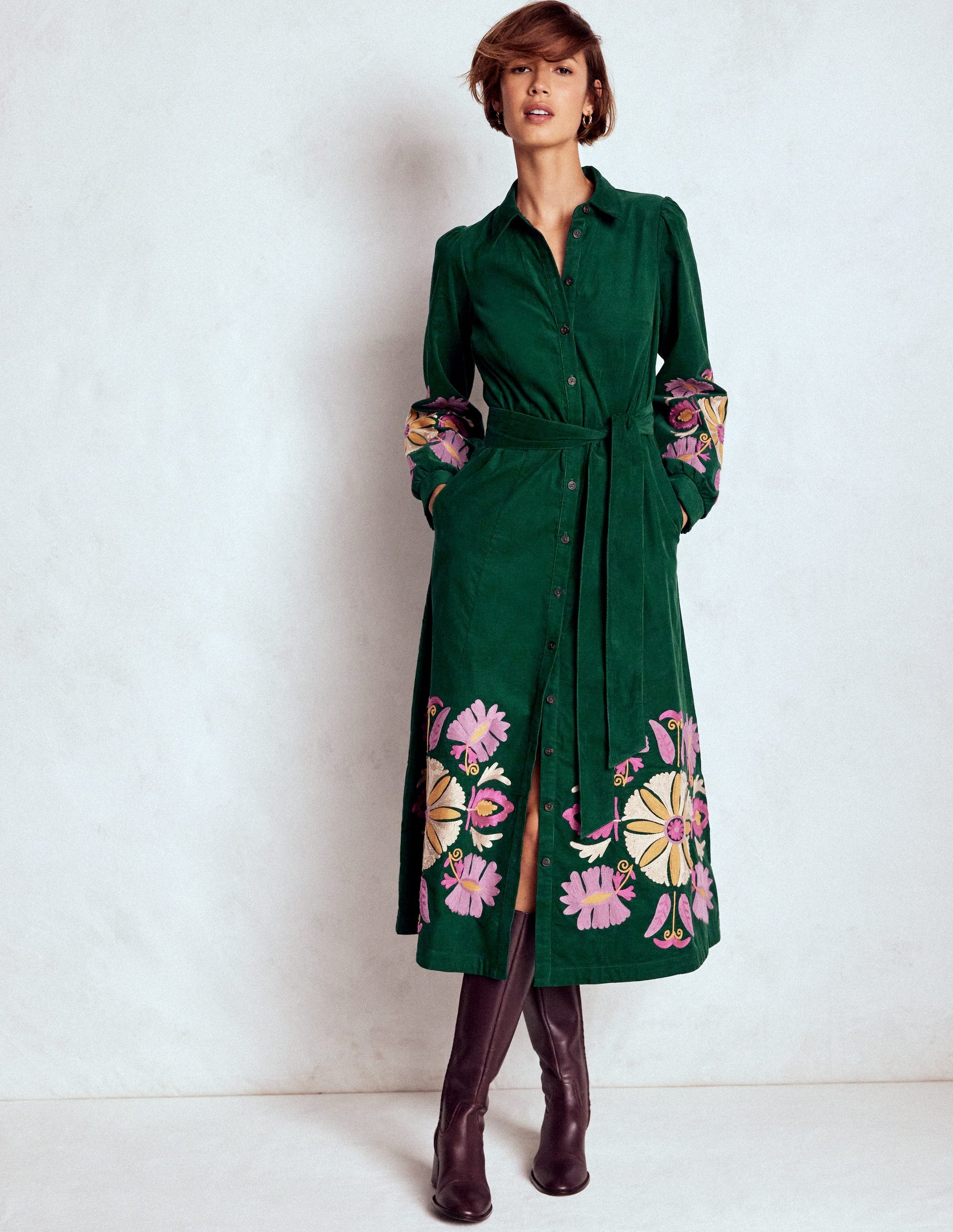 Clara Cord Midi Dress-Emerald Night, Embroidery-4