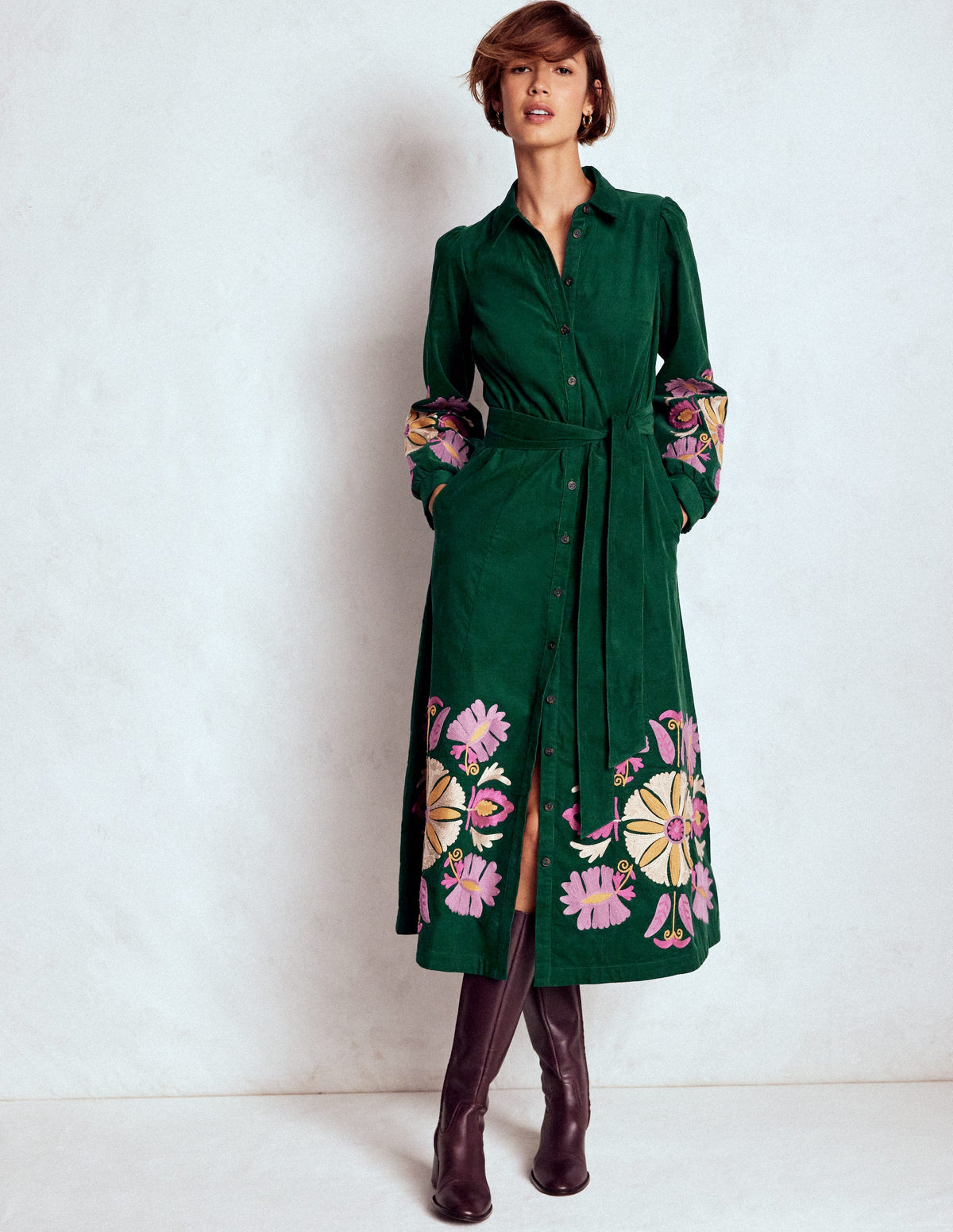 Clara Cord Midi Dress-Emerald Night, Embroidery - Image 4