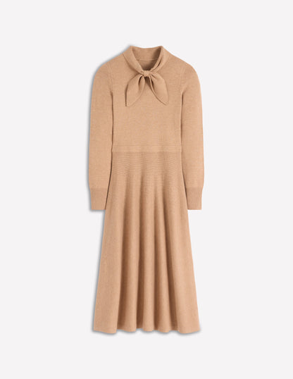 Knitted Bow Dress-Camel Melange-7