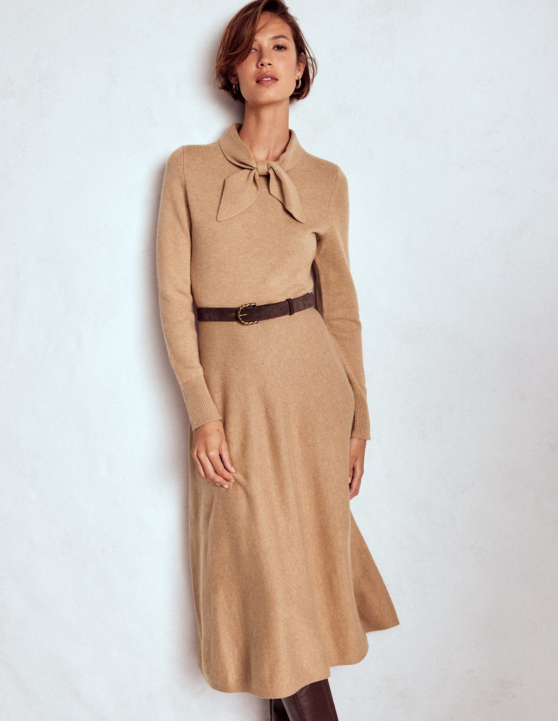 Knitted Bow Dress-Camel Melange-2