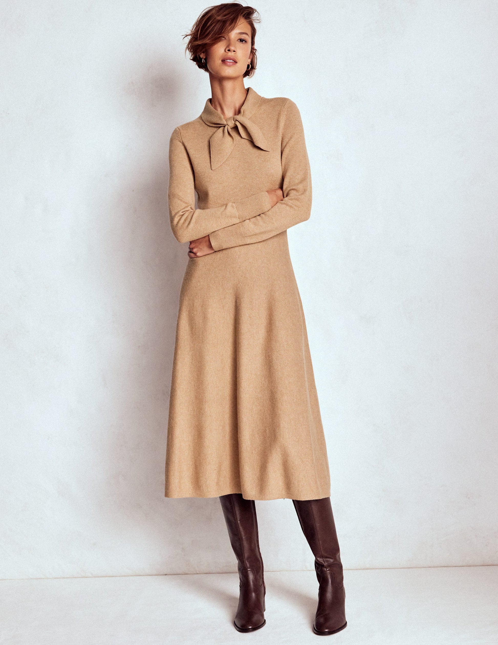 Knitted Bow Dress-Camel Melange-4