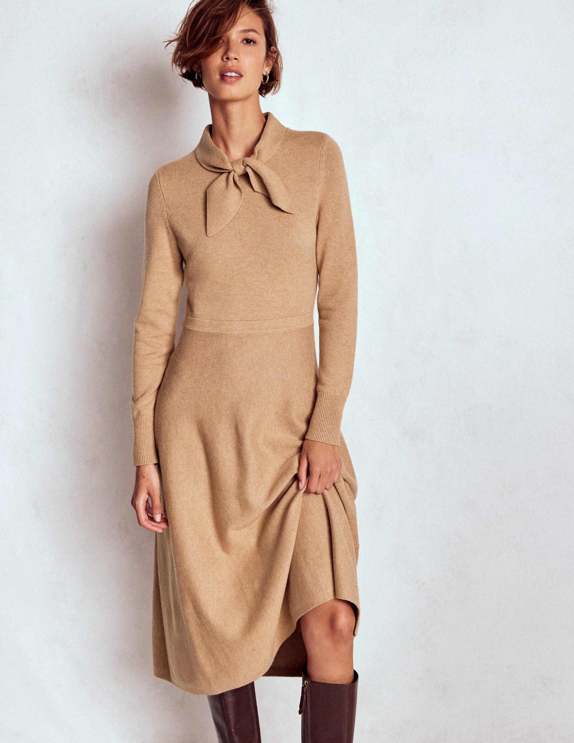 Knitted Bow Dress-Camel Melange-5