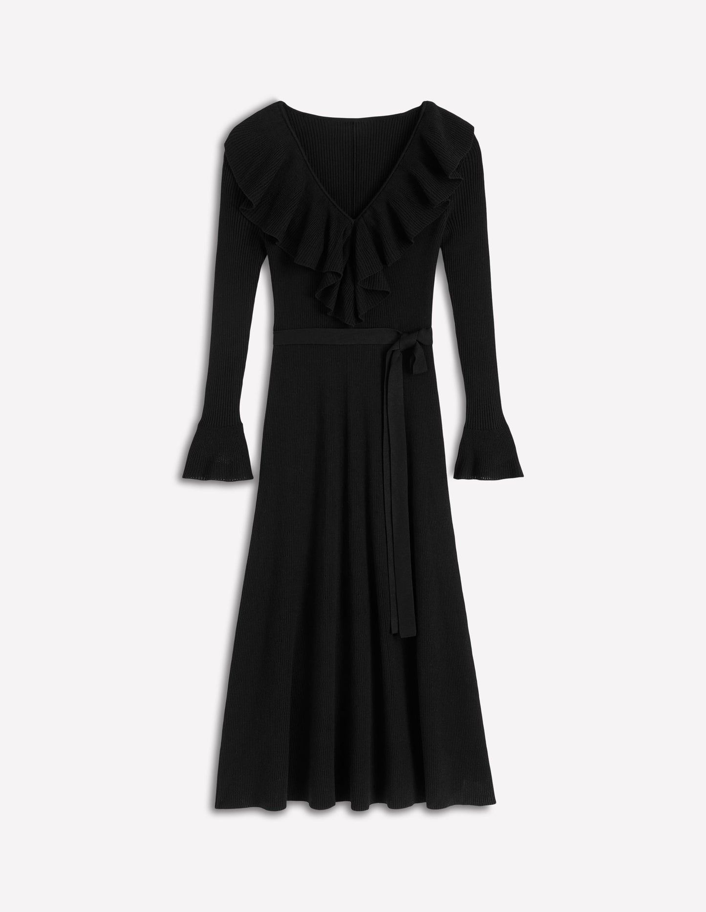 Ruffled Ribbed Dress-Black