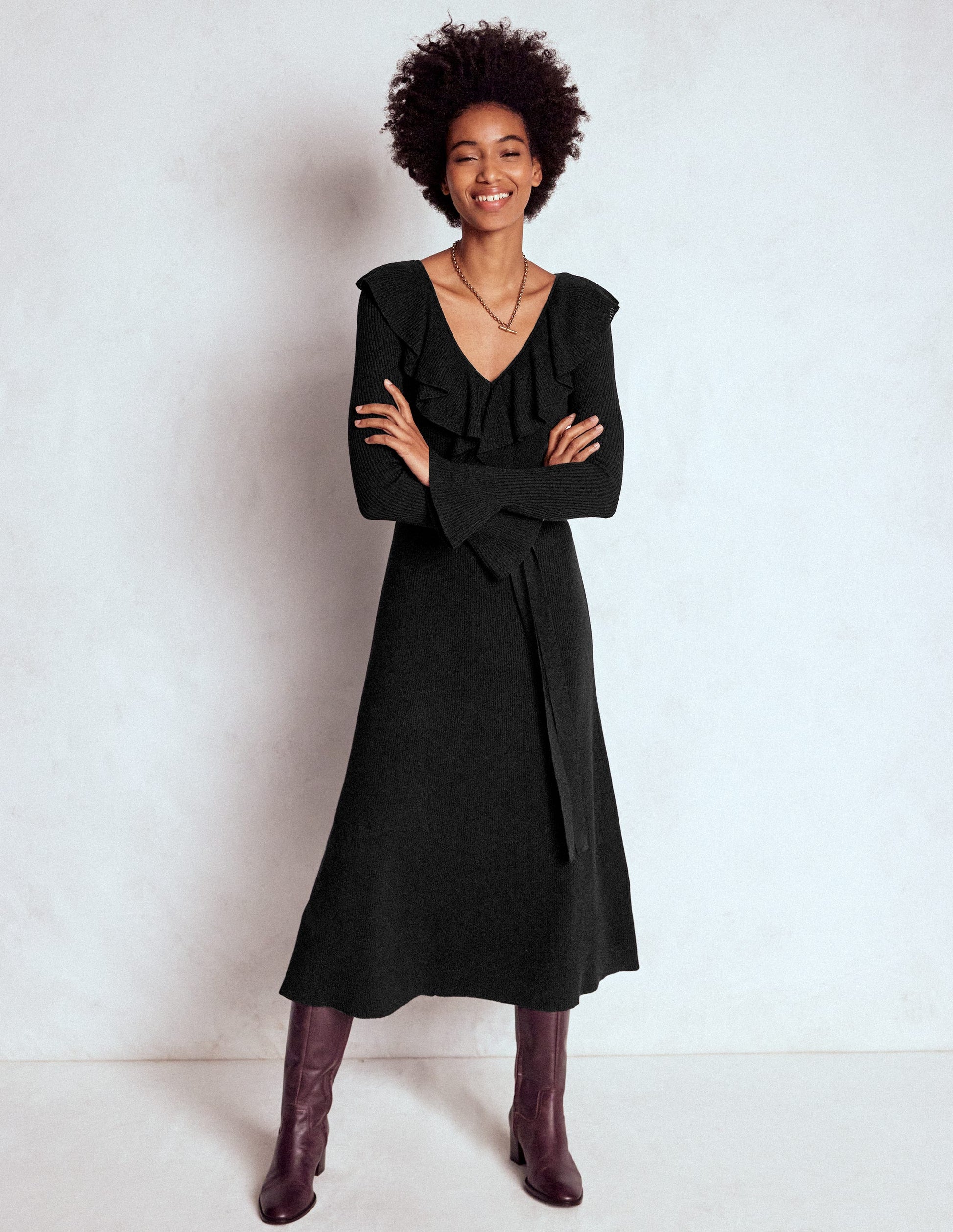 Ruffled Ribbed Dress-Black-4