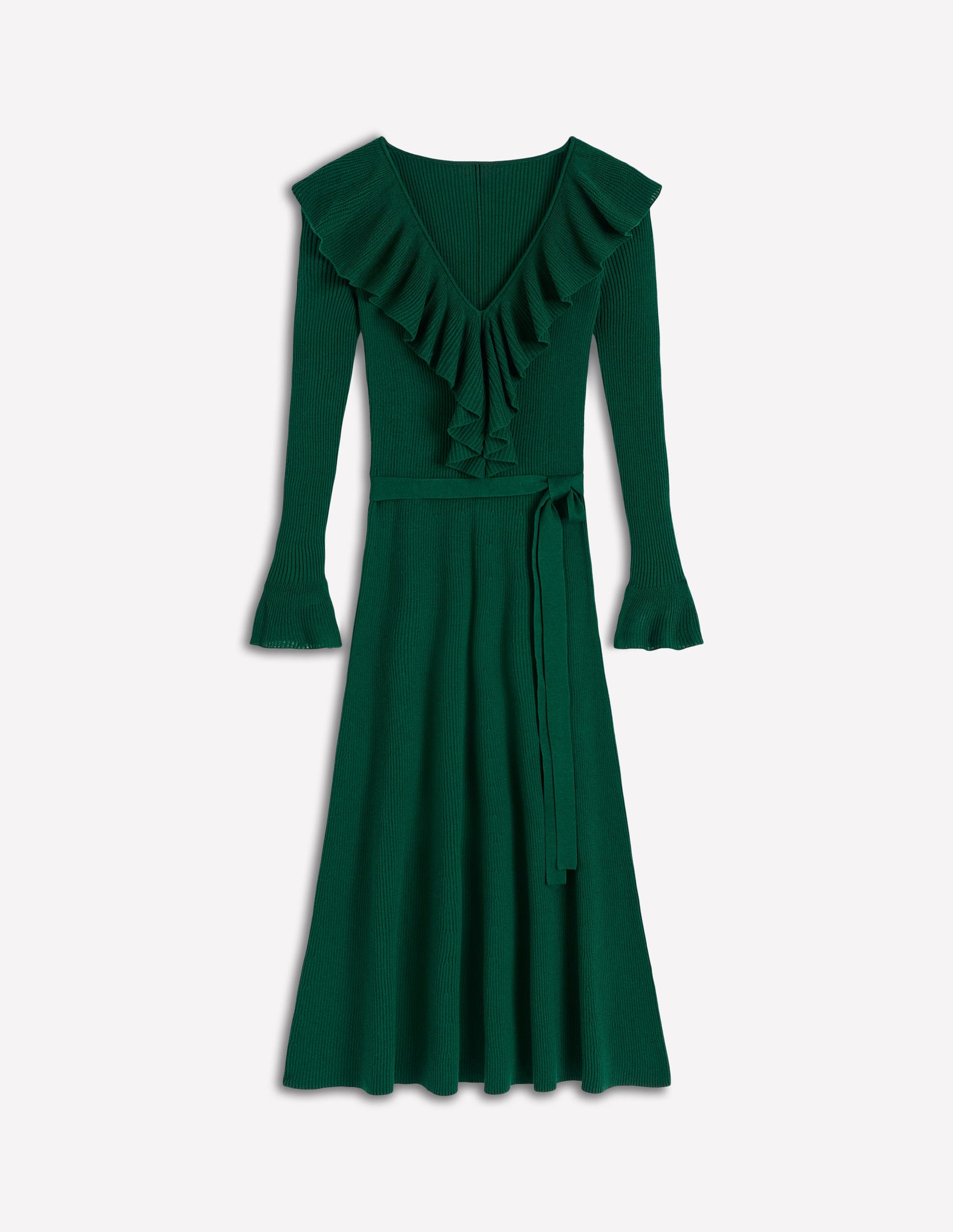 Ruffled Ribbed Dress-Emerald Night | Boden USA Ruffled Ribbed Dress-Emerald Night | Boden USA