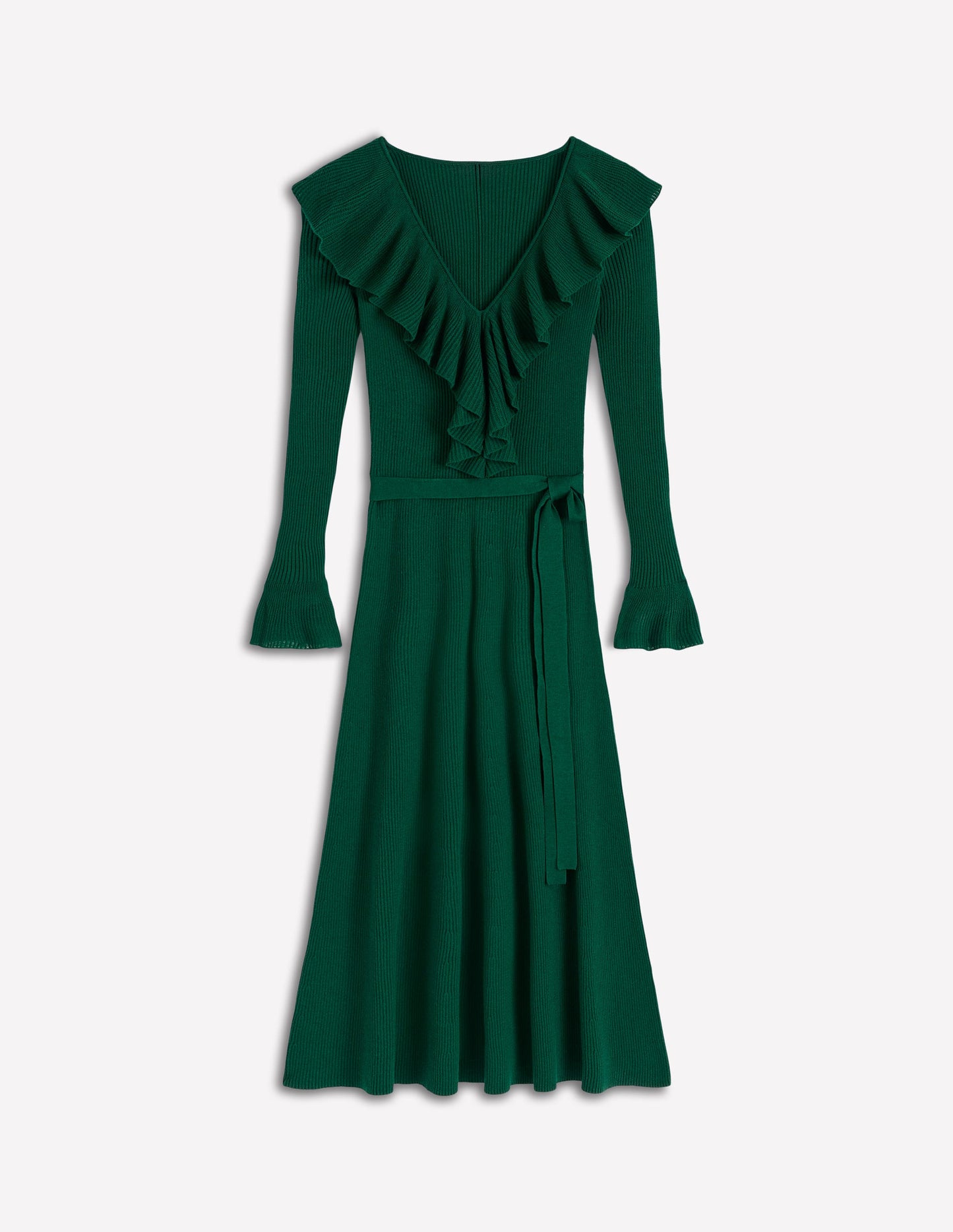 Ruffled Ribbed Dress-Emerald Night