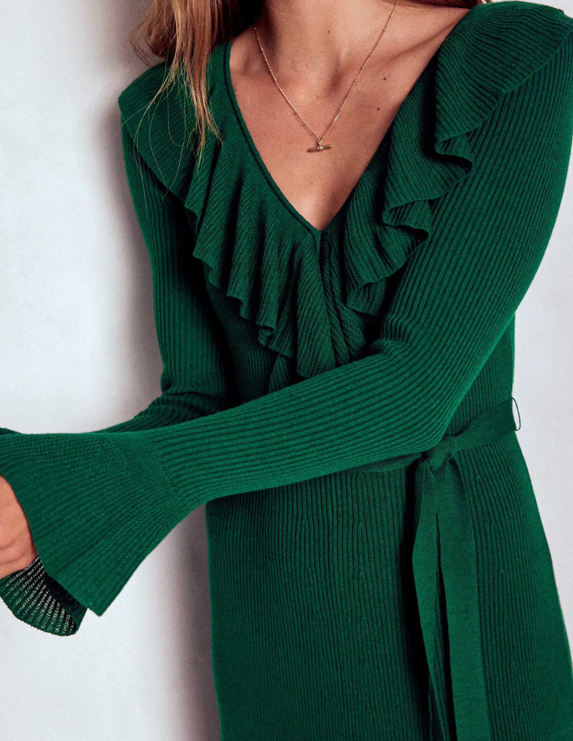 Ruffled Ribbed Dress-Emerald Night | Boden USA Ruffled Ribbed Dress-Emerald Night | Boden USA