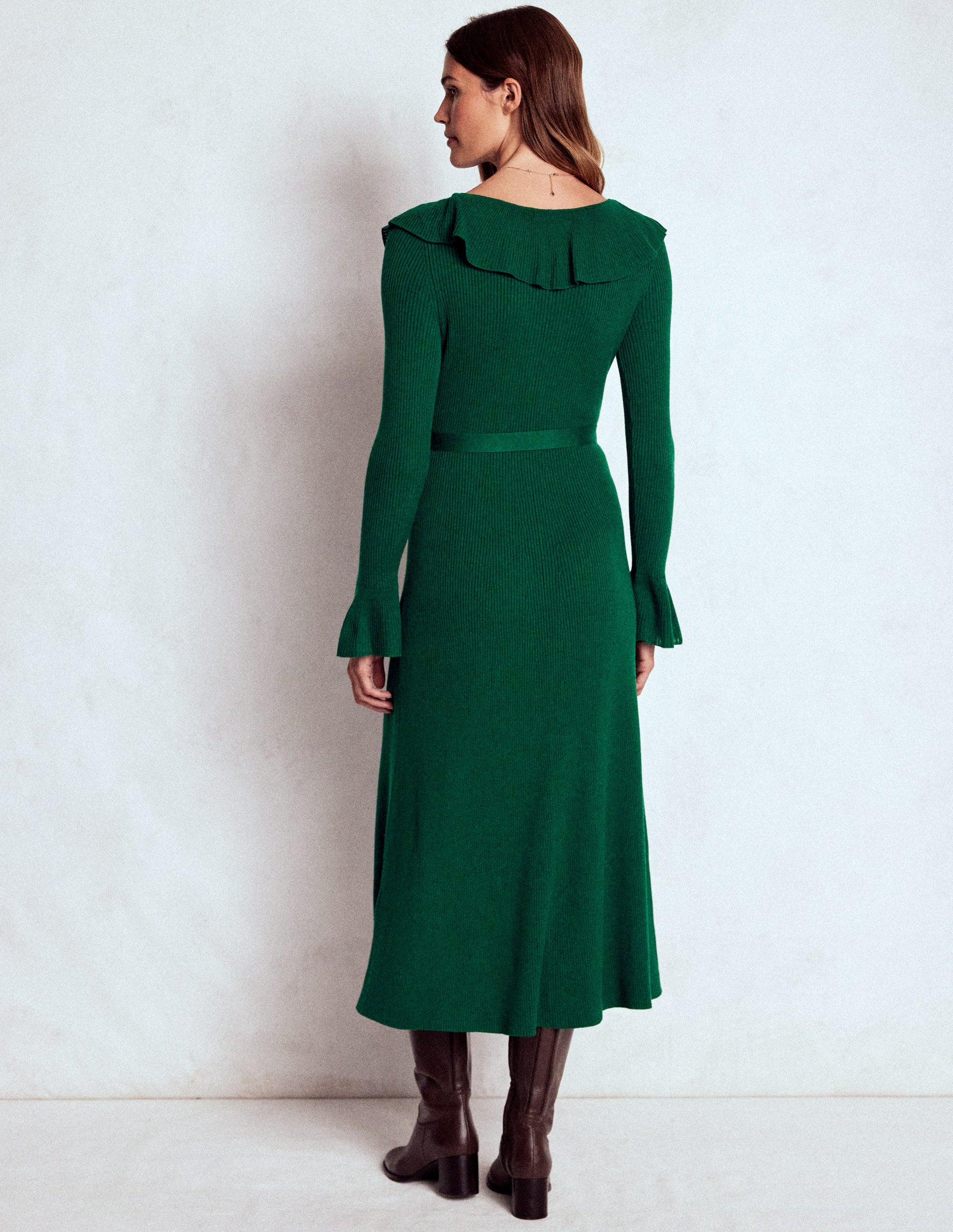 Ruffled Ribbed Dress-Emerald Night Ruffled Ribbed Dress-Emerald Night