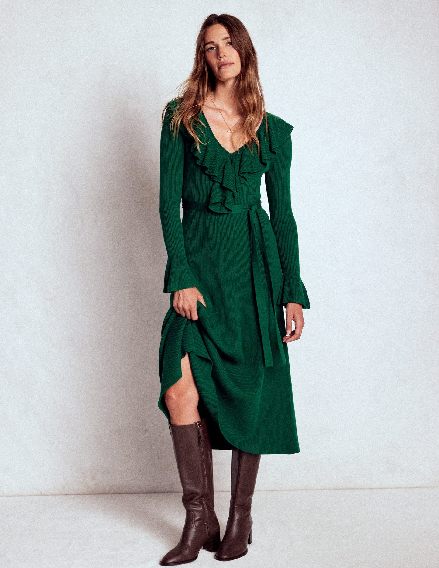 Ruffled Ribbed Dress-Emerald Night