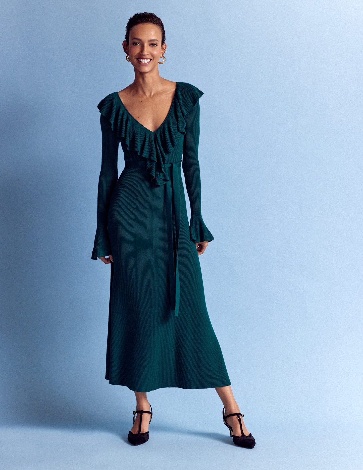 Ruffled Ribbed Dress-Emerald Night