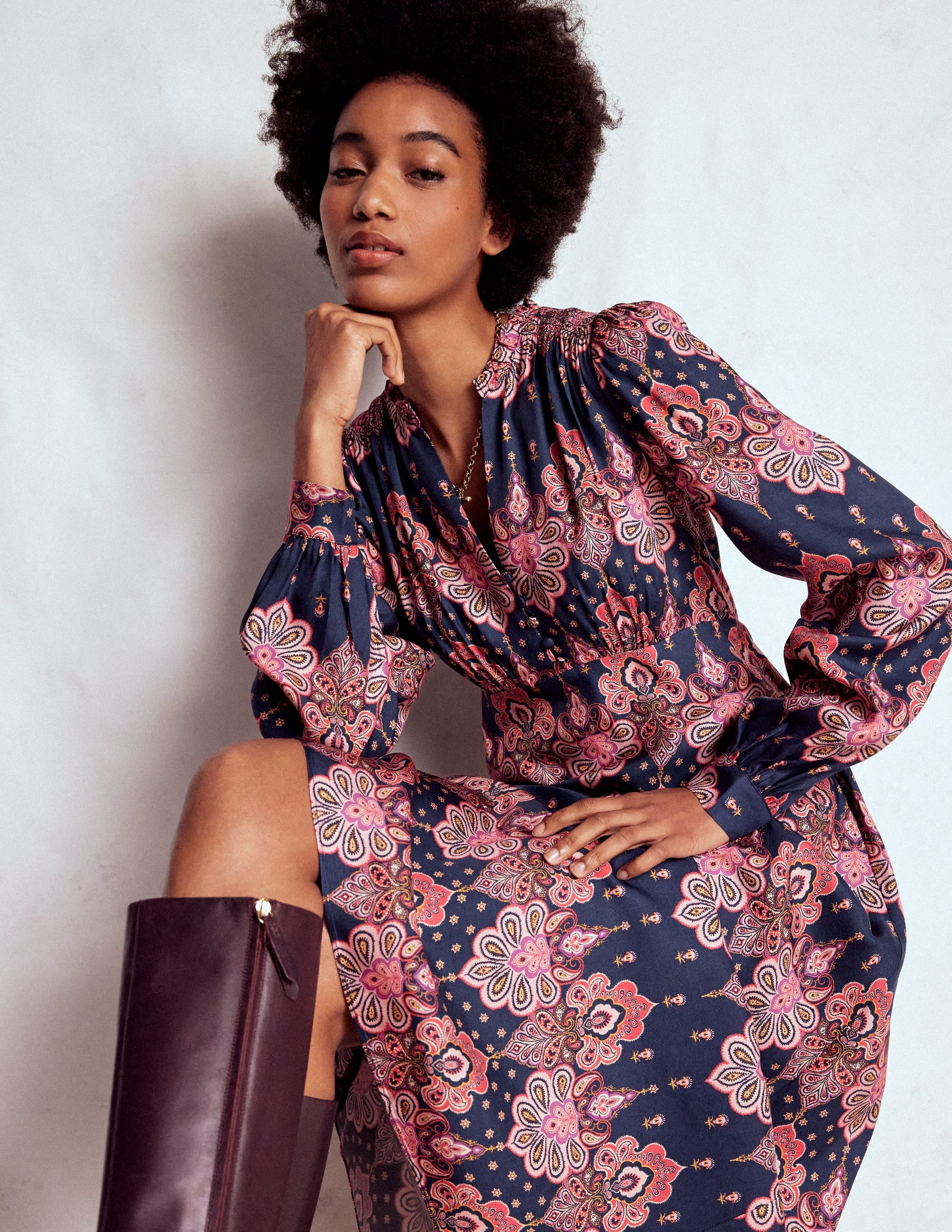 Cassie Smocked Tea Dress-Navy, Embellished Paisley | Boden USA