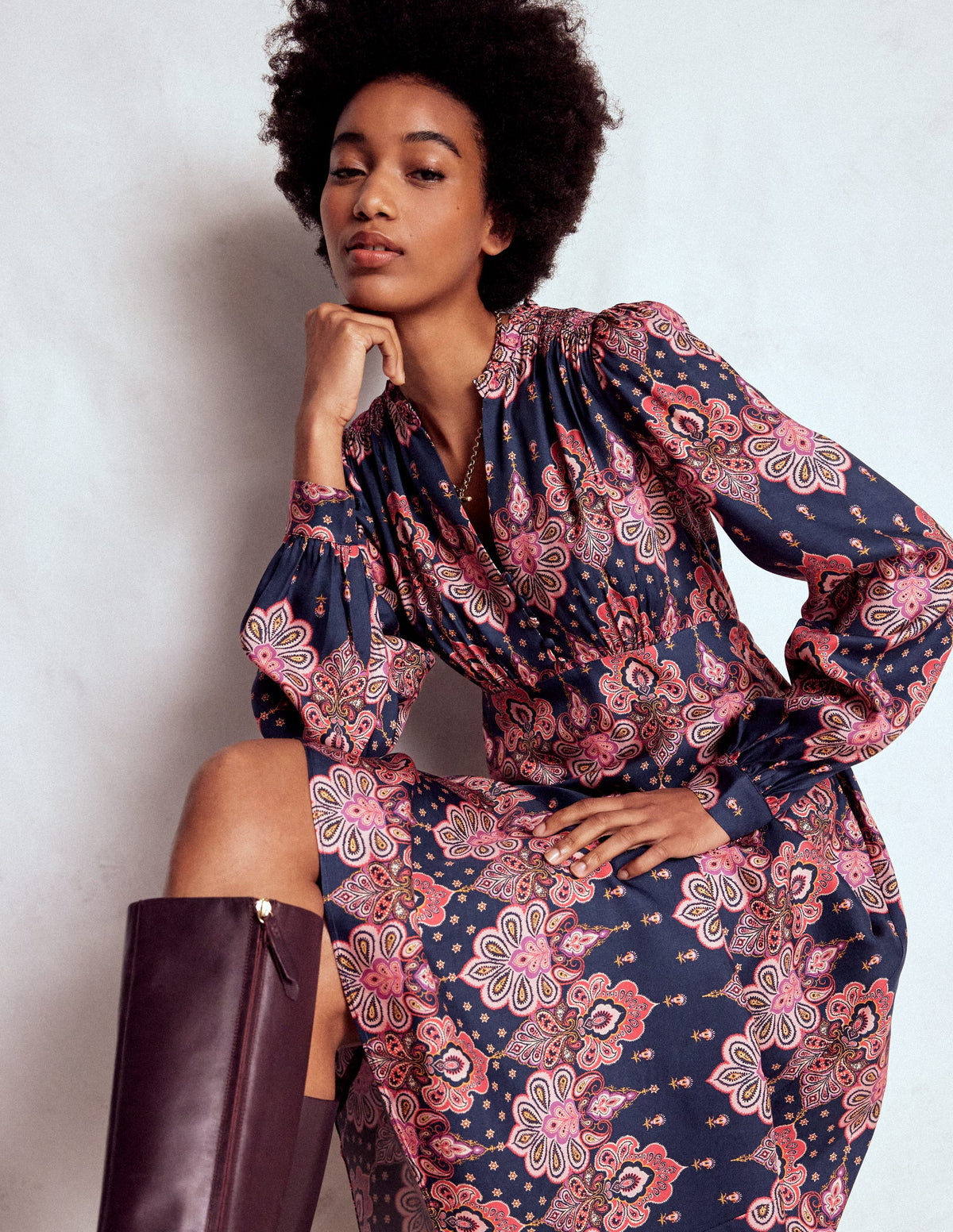 Cassie Smocked Tea Dress-Navy, Embellished Paisley - Image 1