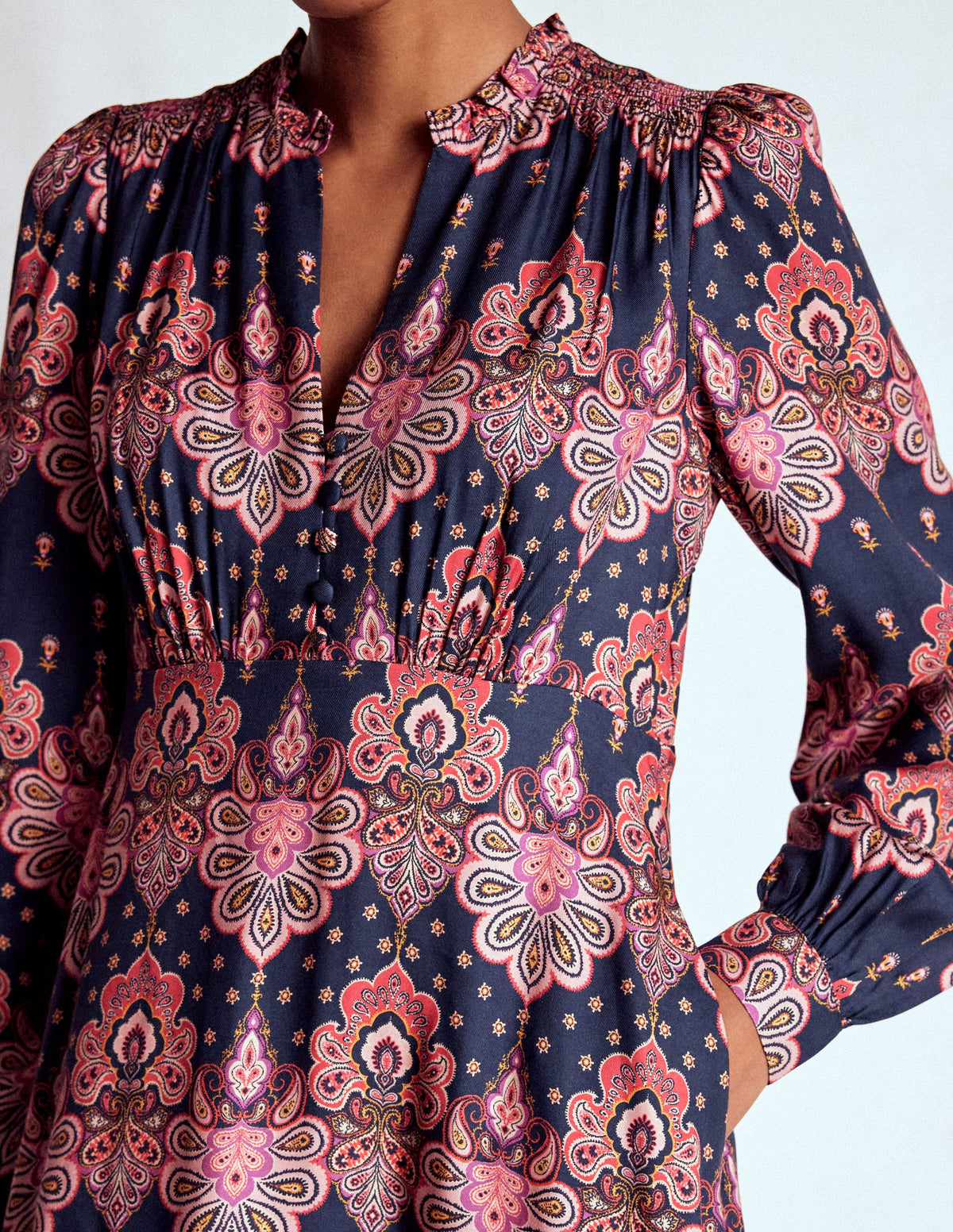 Cassie Smocked Tea Dress-Navy, Embellished Paisley - Image 2