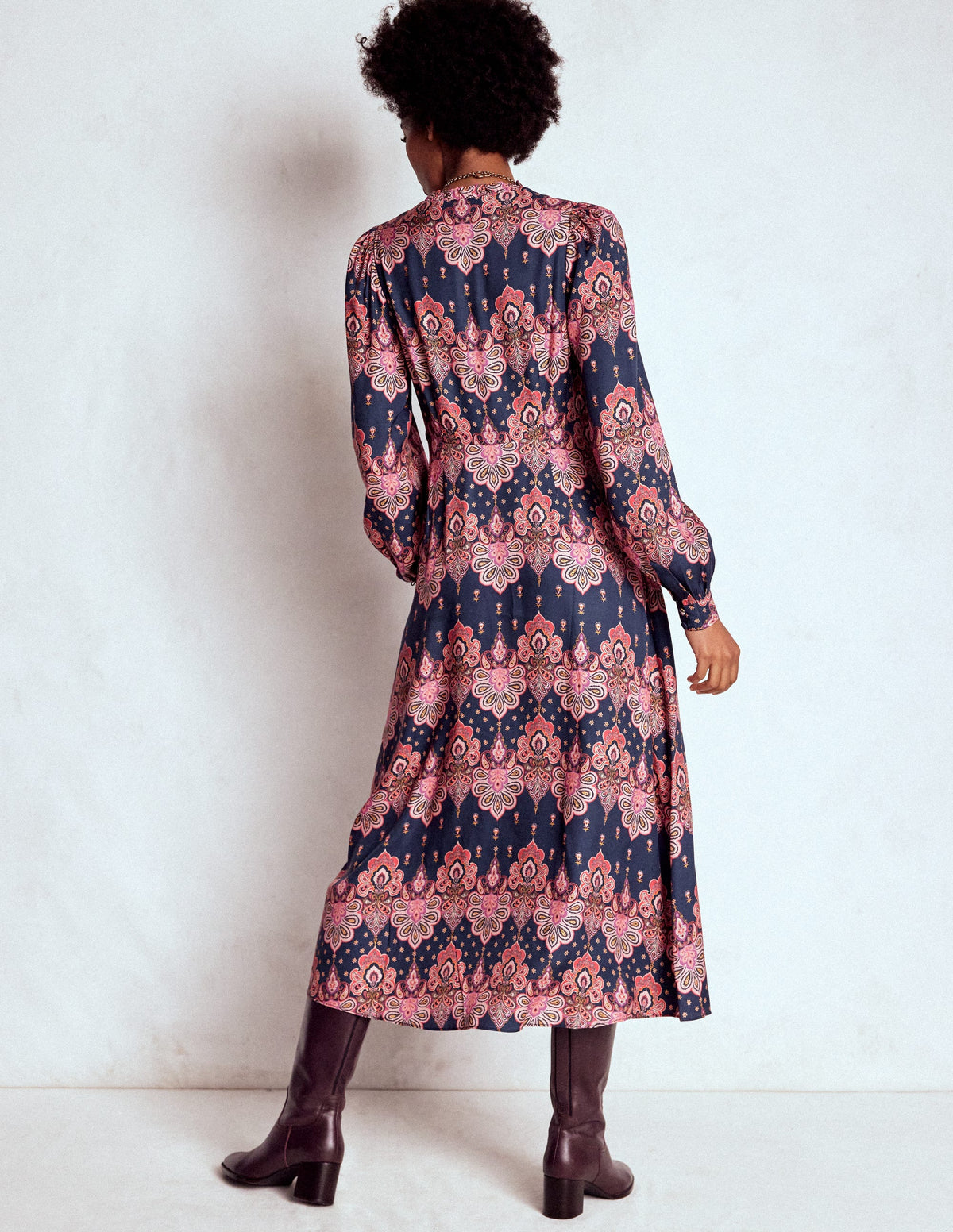 Cassie Smocked Tea Dress-Navy, Embellished Paisley - Image 3